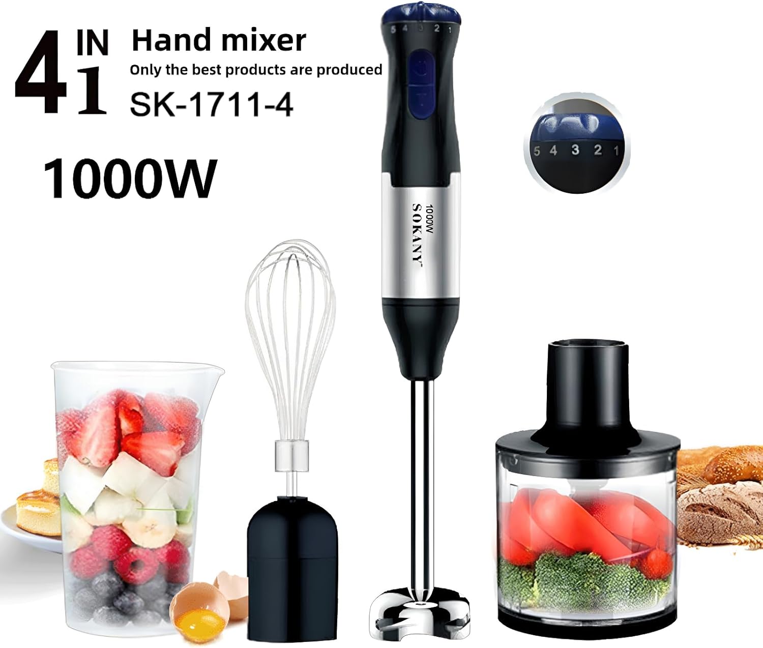 4-in-1 Copper Motor Stainless Steel Blade immersion blender handheld,1000W 5 Speed stand mixer,700ml Beaker,500ml Food Processor, egg beater, baby food maker, meat grinder