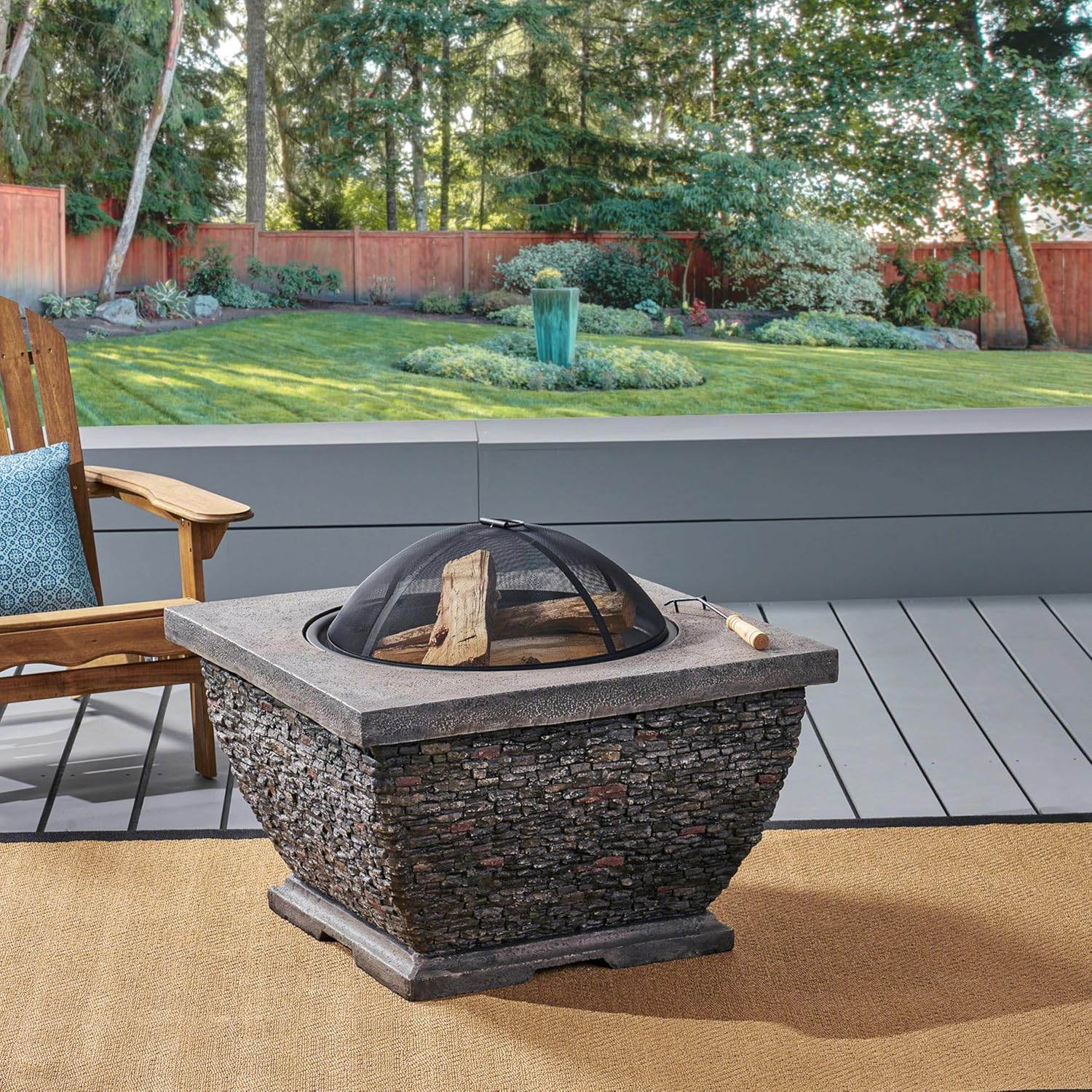 Roomfitters Square Wood-Burning Fire Pit Table with Lightweight Magnesium Oxide Base, Rustic Outdoor Patio Accent, Gray