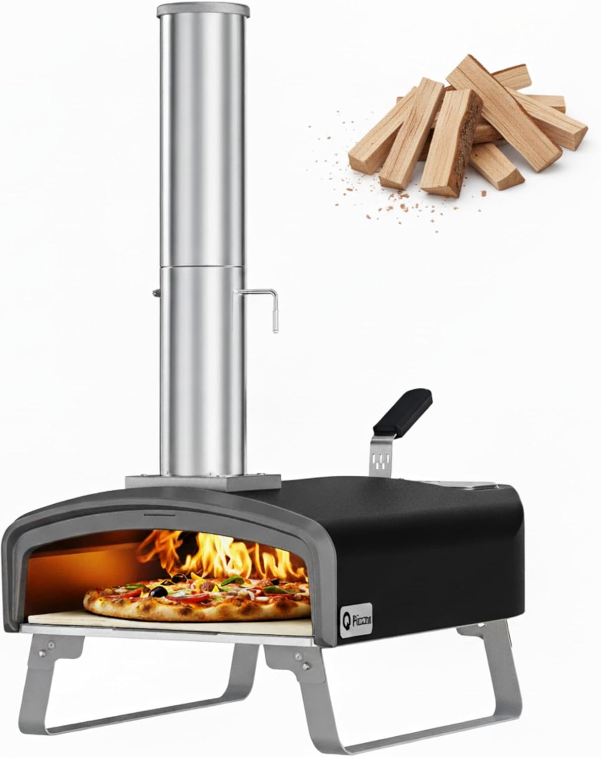 Q Pizza Portable Wood Fire Pizza Oven with Folding Legs, Outdoor Pizza Stove with Chimney for Outdoor Kitchen, Camping, RV, Tailgating, Beach, Backyard Pizza Maker, PS107