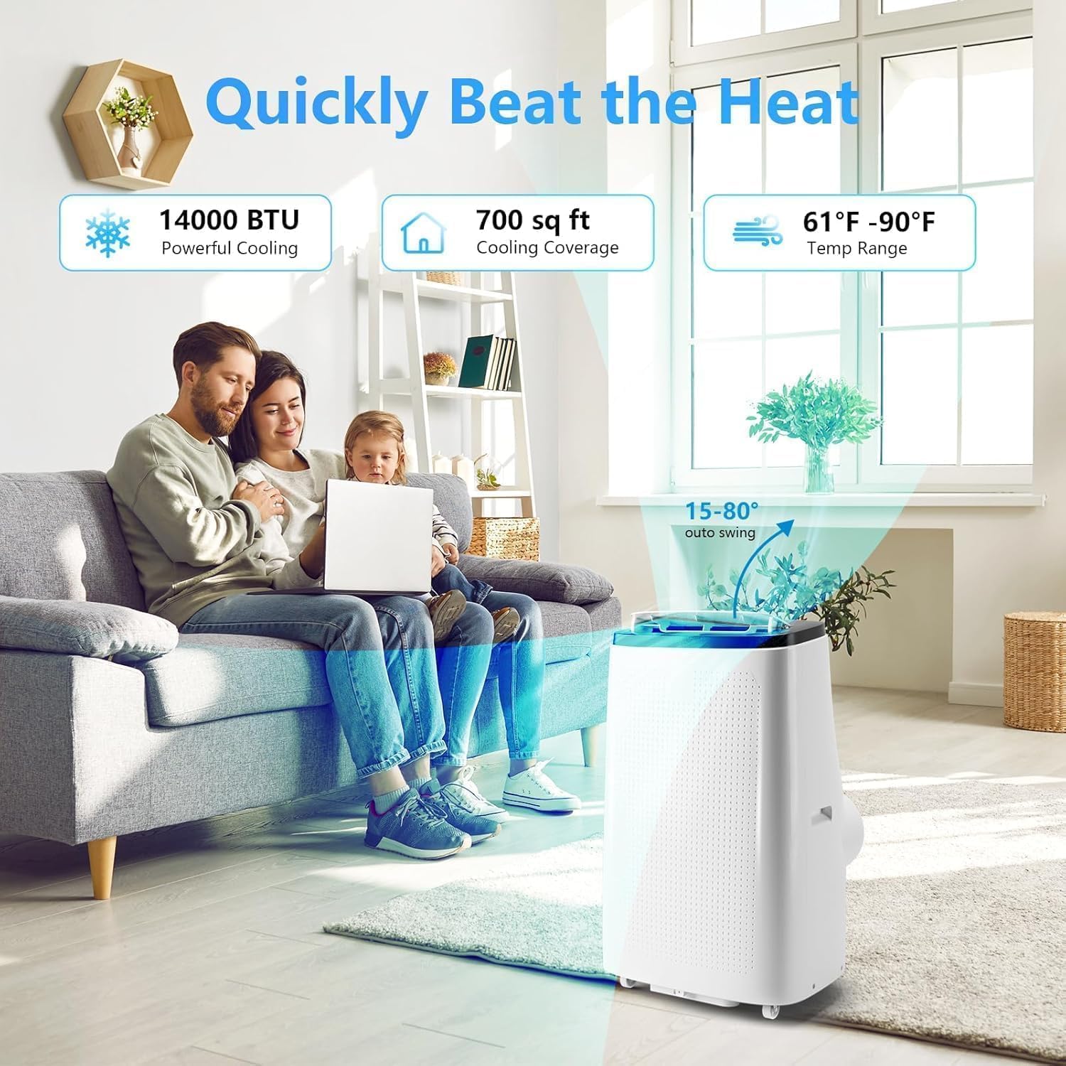 Portable Air Conditioner 14000 BTU, 4-in-1 Portable AC Unit Up to 750 Sq. Ft, Quiet Air Conditioner with Remote Control, Cool, Dehumidifier, Fan Modes, 24H Timer, Home, Bedroom, Office, Apartments