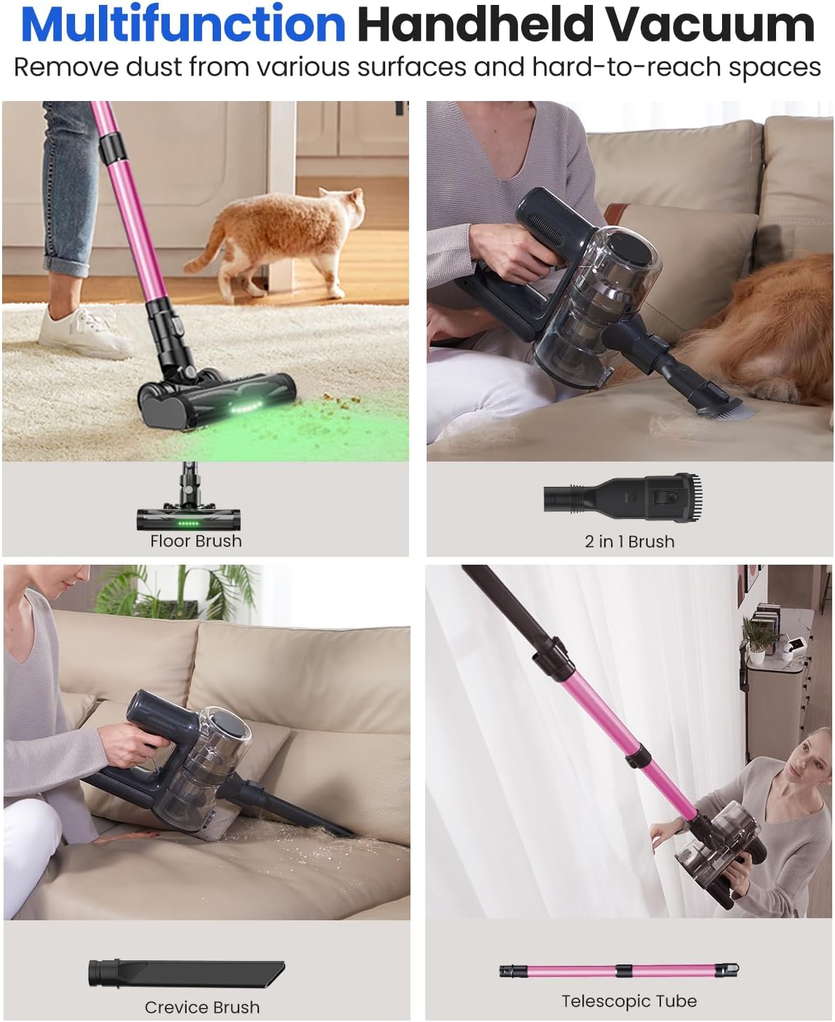 Proscenic Cordless Vacuum Cleaner, 45Kpa 50Mins Runtime Vacuum Cleaners for Home with Green Light, Anti-Tangle, LED Display, Lightweight Stick Vacuum for Pet Hair, Floor&Carpet, P13(Pink)