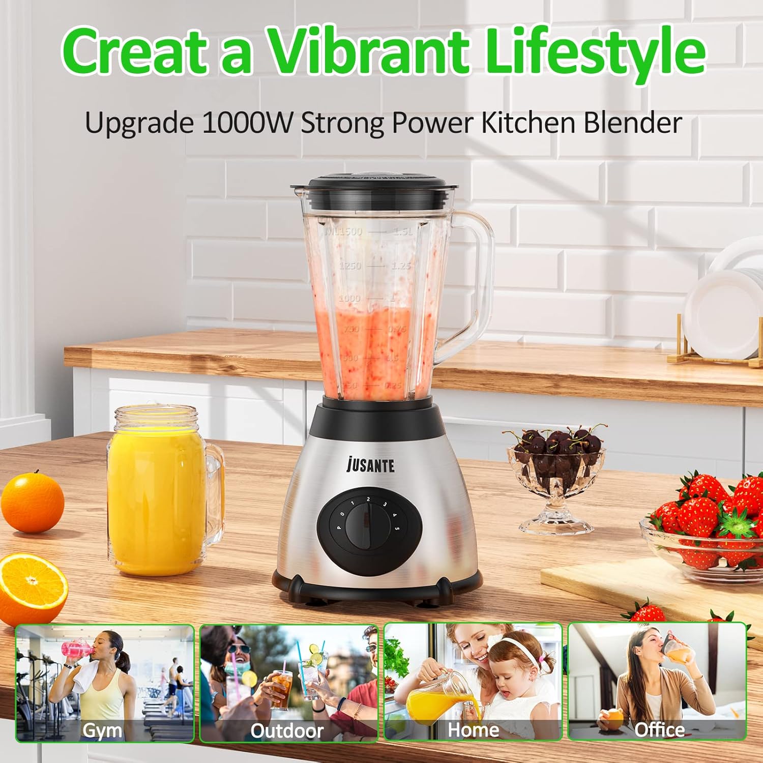 Smoothie Blender, 1000W Professional Countertop Blenders with 48oz Glass Jar for Kitchen, Shakes, Ice Crusher, Frozen Fruit