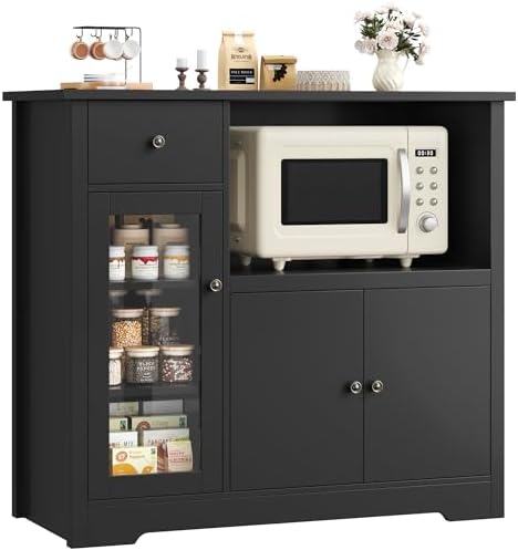 HORSTORS Microwave Cabinet, Kitchen Storage Cabinet with 3 Doors and 1 Drawer, Buffet Sideboard with Adjustable Shelves, Microwave Stand for Kitchen, Dining Room, Black