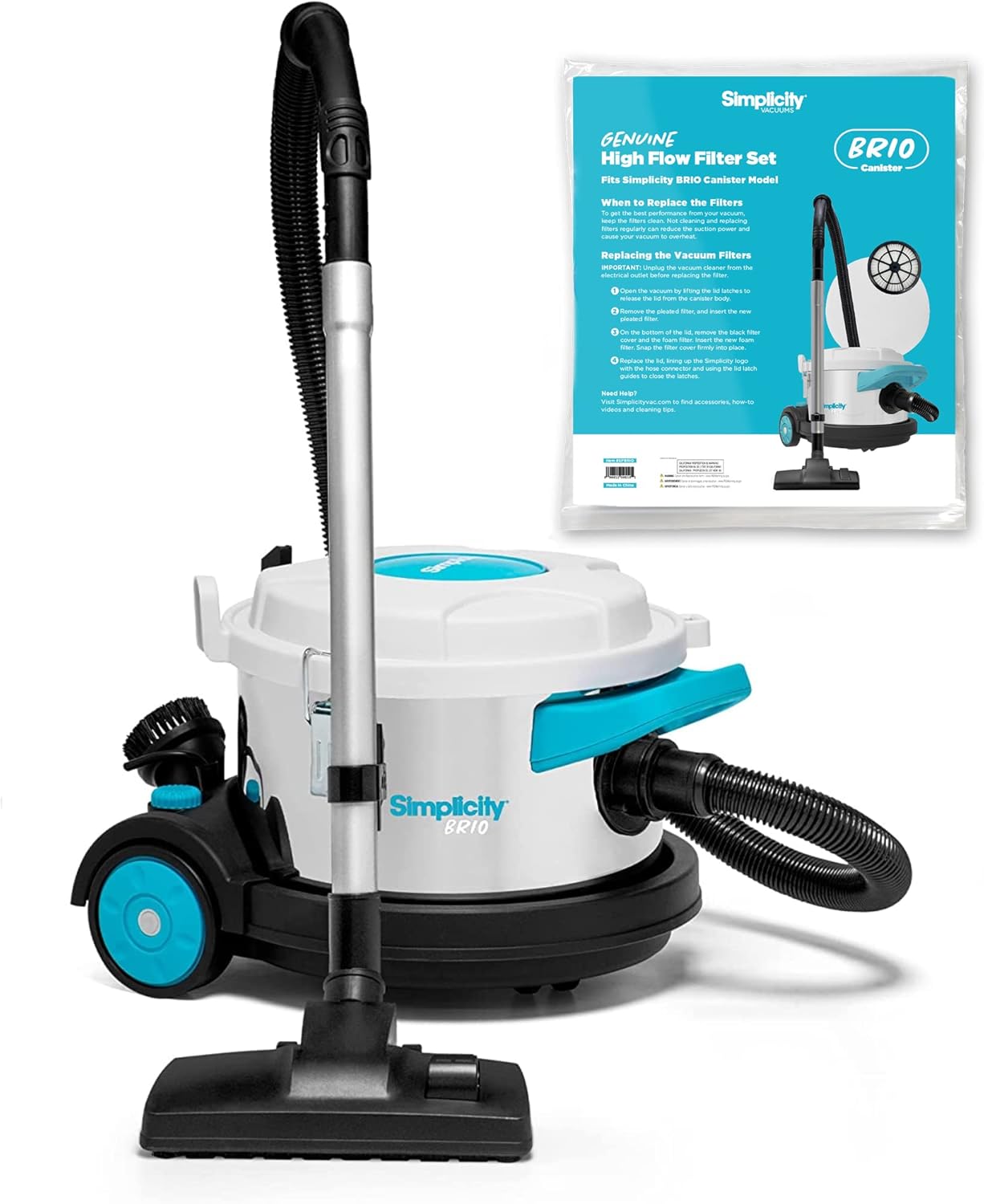 Simplicity Vacuums Brio Dry Canister Vacuum & Filter Set Bundle, Heavy Duty Vacuum Cleaner for Hardwood, Tile, Rugs & More with Extra HEPA Filter Media Set