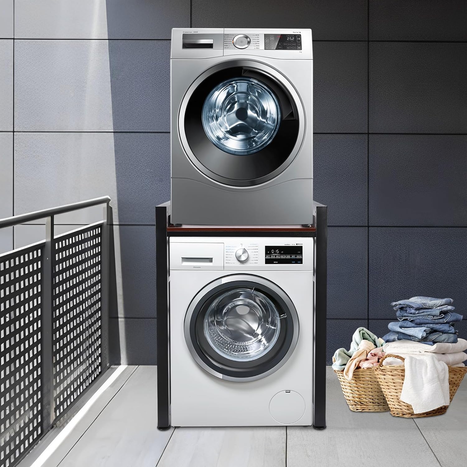 Portable Stacking Washer Dryer Stand, Laundry Room Organization and Storage with Guardrail, Floor Mount Space Saver Stackable Storage Shelf for Laundry Room Apartments (Black+Teak Color)