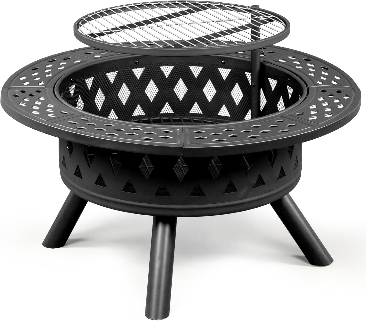 Outdoor Fire Pit with Cooking Grates | Durable Steel Construction | Adjustable Height | 38in Metal | Ideal for Patio, Yard (Black)