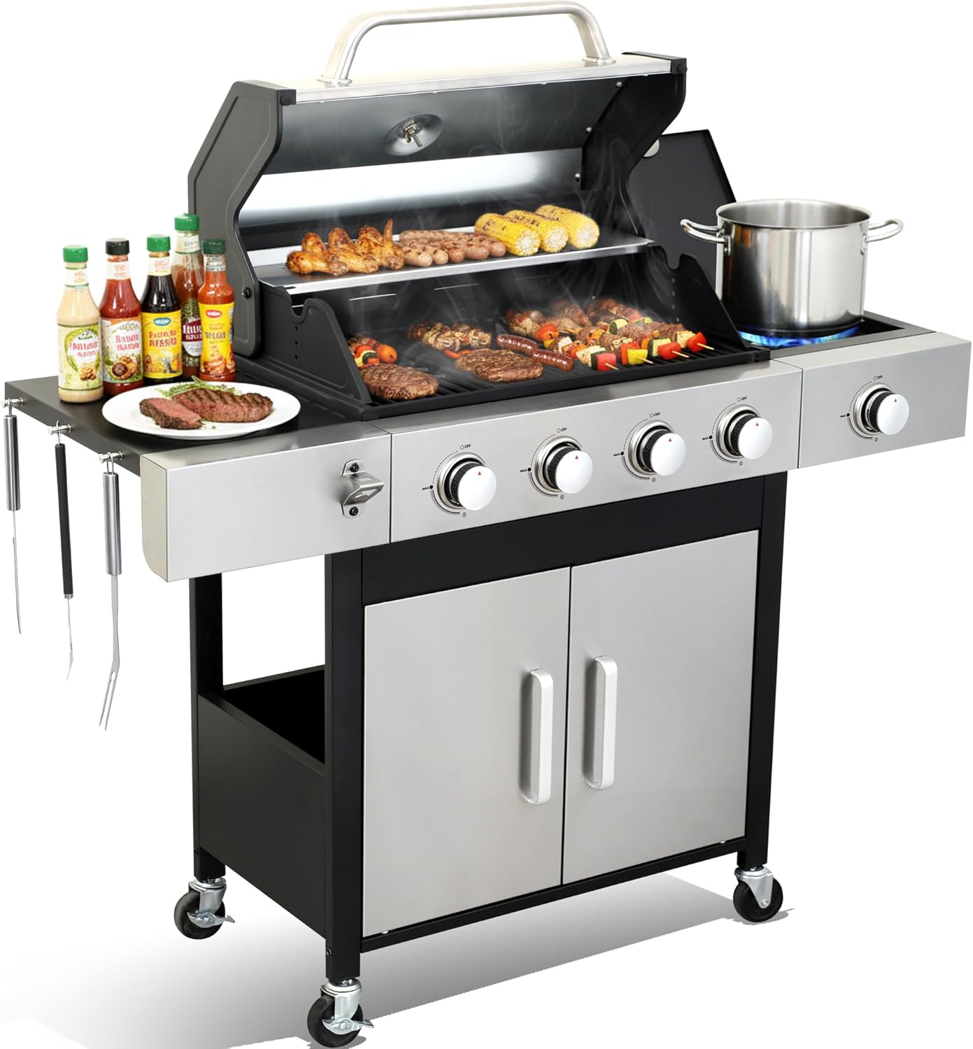 49000 BTU Output Propane Gas Grill with Side Burner and 4 Main Burners - Double-layer Stainless Steel Lid, Cast Iron Grids and Plate, Easy-Clean Grease Management for Perfect BBQs