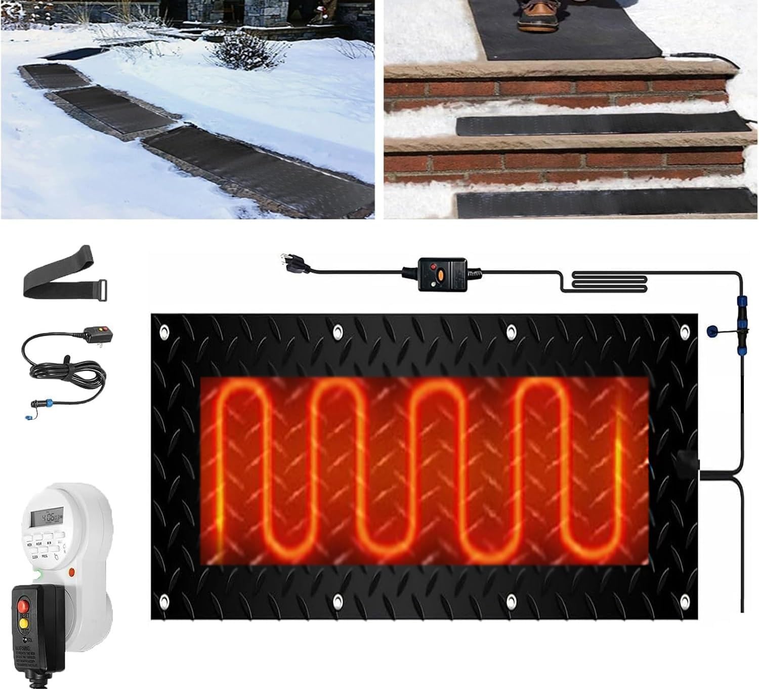 Outdoor Heated mat with Timer, 1/2/3/4/5 Pcs Walkway Snow Melting mats,Outdoor Stairs- Non-Slip Winter Removal and Ice Melt Products -Heating Entrance(1 Pcs,12x36in/(30x90cm))