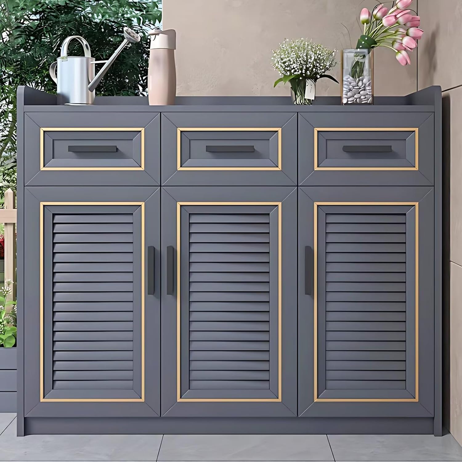 Outdoor Laundry Utility Sink Cabinet Includes Striped Locker Door&Gold Decorative Border,Luxurious Sink Cabinet with Three Drawers for Balcony,Courtyard(43.3IN)