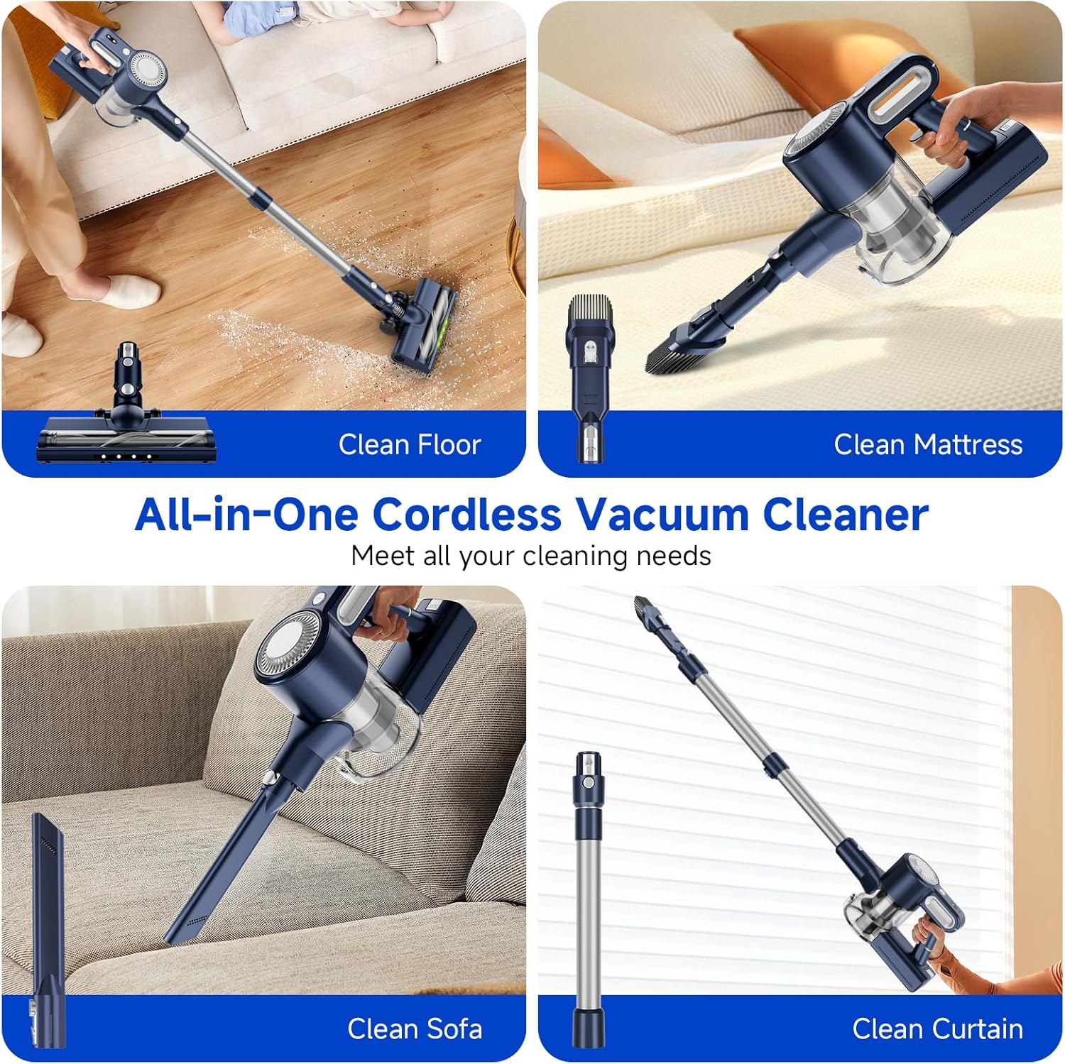 Cordless Vacuum Cleaner, Powerful Suction Vacuum Cleaners for Home, Anti-Tangle Pet Hair Brush, Lightweight, Self-Standing, Green LED Headlight, 6-in-1 Stick Vacuum for Carpet Hardwood Floor