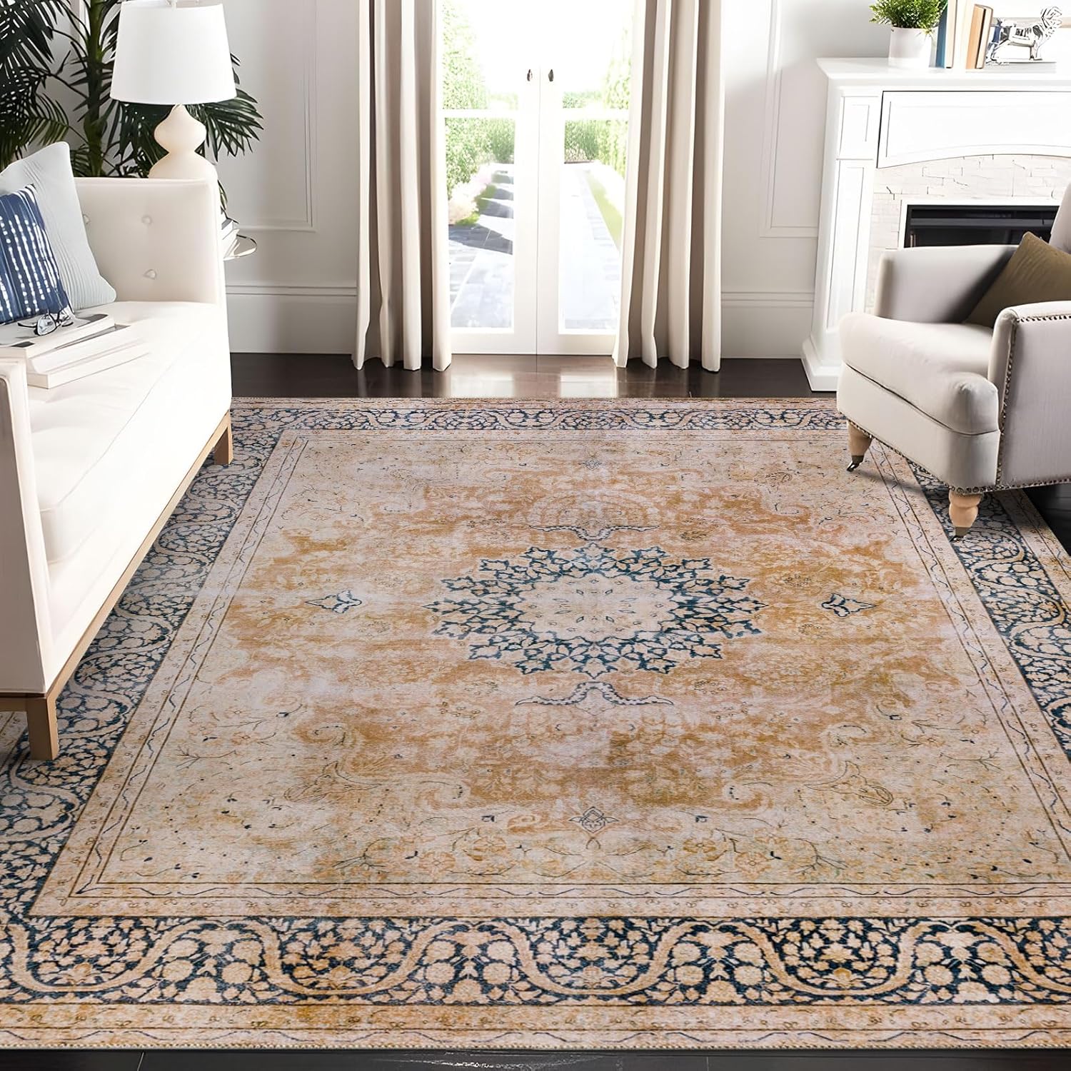 DECOMALL Maila 4X 6 Rugs for Entryway Machine Washable Orange Rug,Vintage Distressed Non Slip Area Rug Living Room Bedroom Boho Bathroom Laundry Room Foyer Carpet Indoor Rug