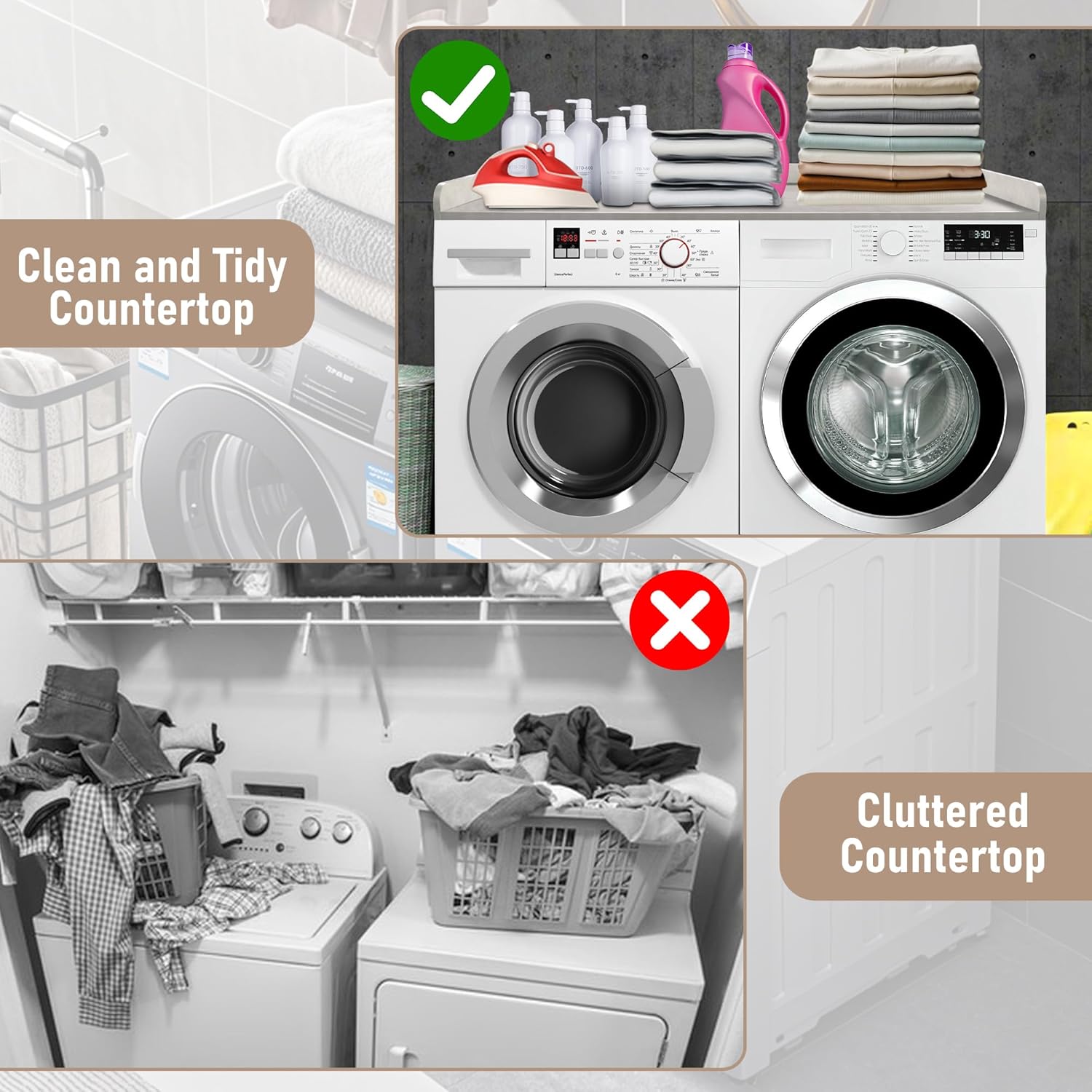 Washer Dryer Countertop with Non-Slip Pad, Wood Washer and Dryer Countertop with Edge Rails for Laundry Room Organization and Storage, 54