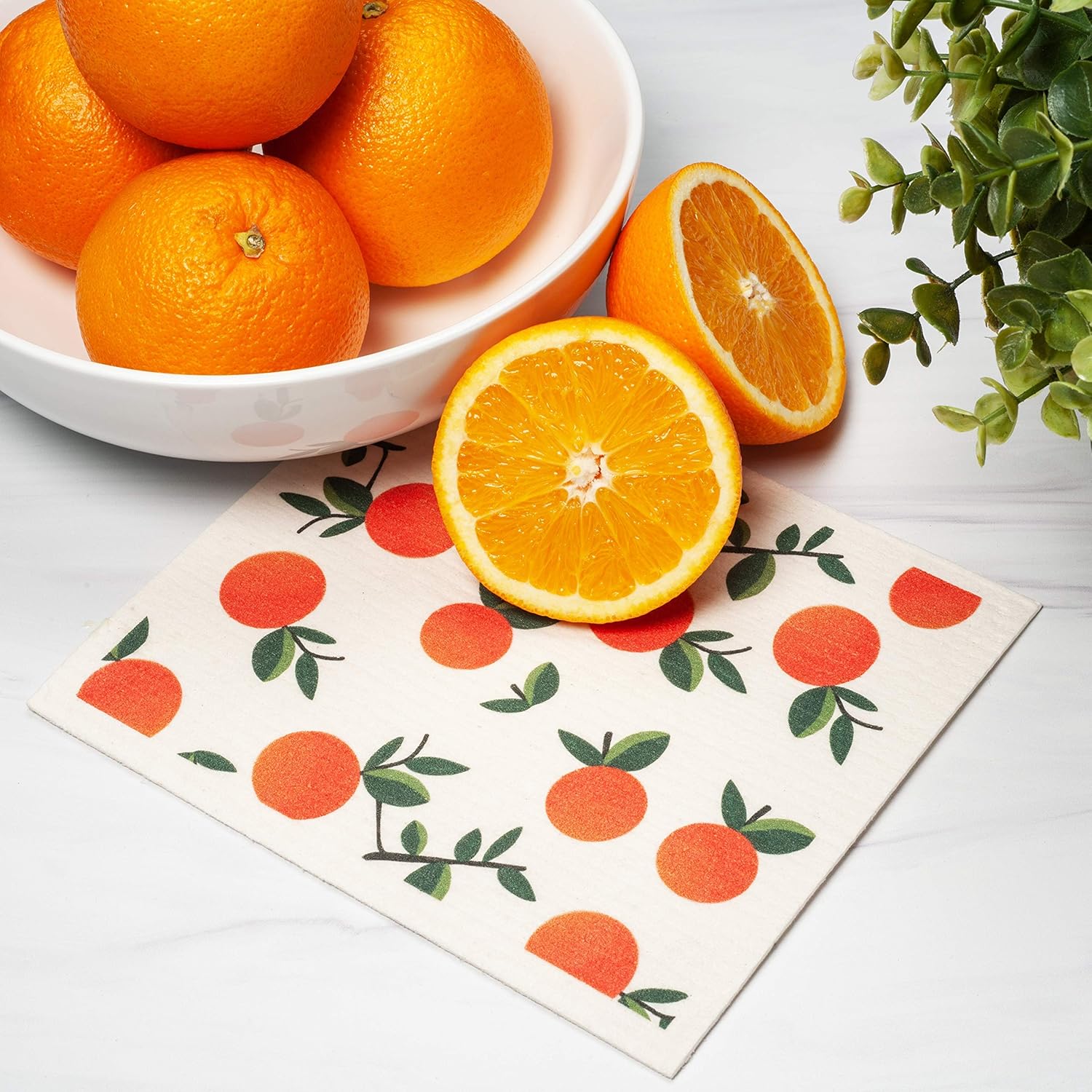 Swedish Dishcloths 3 Pack Oranges Print Reusable Sponges Kitchen Cleaning Cloth Dish Scrubber, Machine Washable, Measures 7.87”x6.88 inches.