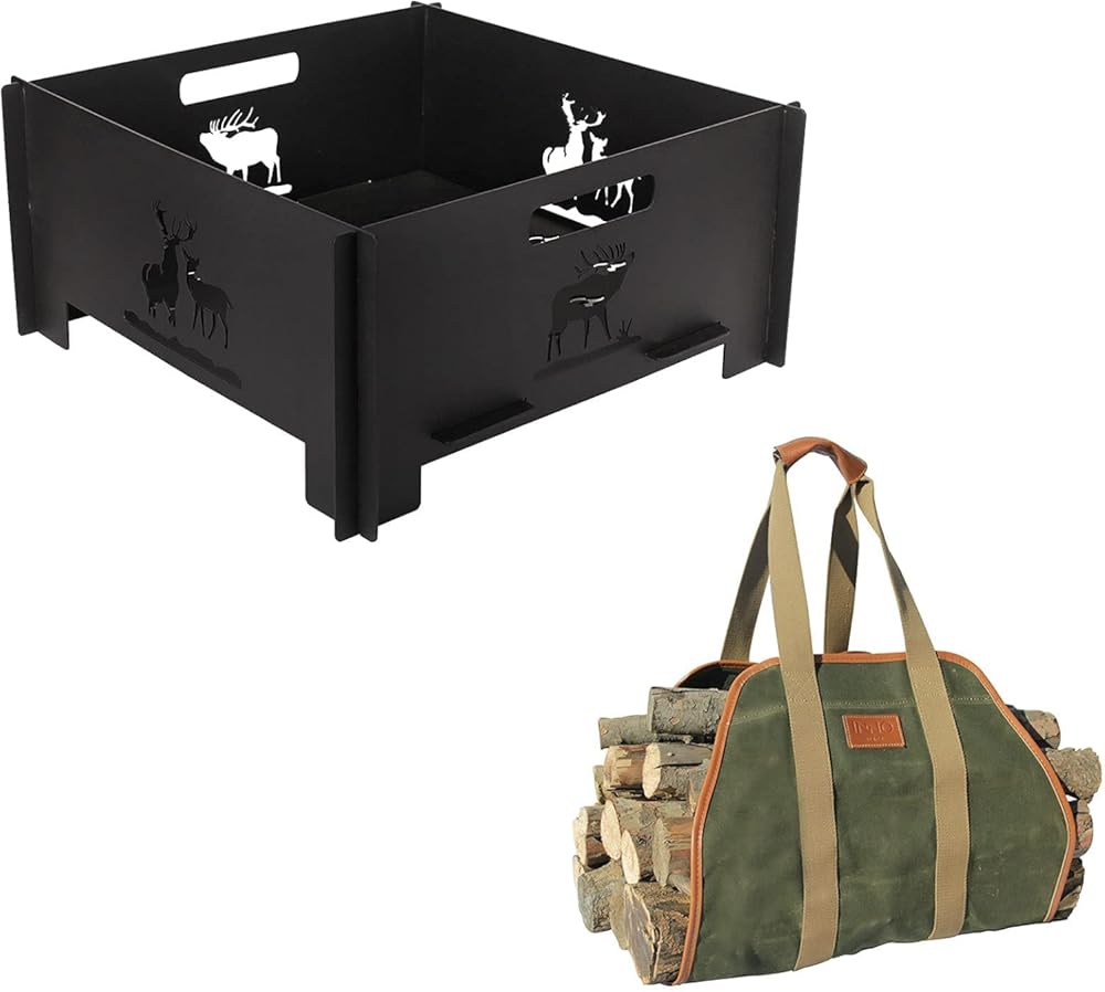 Portable Plug Fire Pit, Heavy Duty Outdoor Living FirePit and Waxed Canvas Log Carrier Tote Bag,40