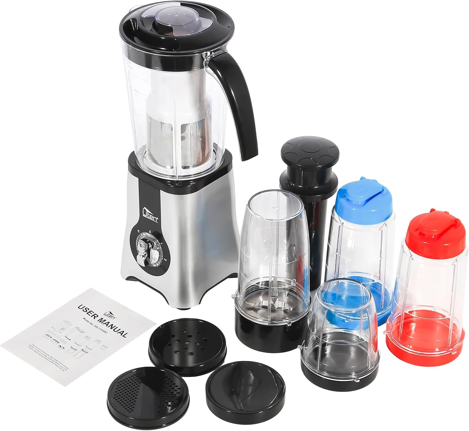 Uten 5-in-1 Smoothie Blender 42 oz/1.25L, Multi-Functional Mixer, Smoothie Maker, Juicer, Grinder with 304 Stainless Steel Blades, BPA-Free, Dishwasher Safe, Includes 3 Blender Cups & 2 Travel Bottles