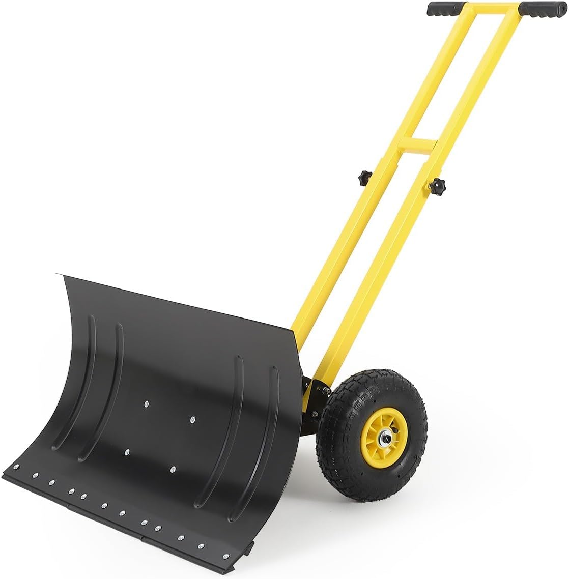 Snow Shovel with Wheels, 29W x 16.5H Back Saver Snow Pusher with Adjustable Double Rod, Rubber Wheels, Heavy-Duty Metal Plow Blade, 5-Position Adjustment for Driveway & Sidewalk, Black & Yellow