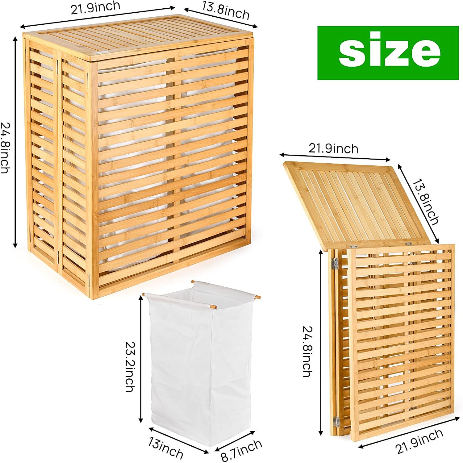 Bamboo Laundry Hamper with Lid – Foldable Clothes Basket with 2-Section Removable Liner Bag, Space-Saving Laundry Sorter for Bathroom, Bedroom, and Laundry Room (Natural, 21.69”L x 13.85”W x 25.39”H)