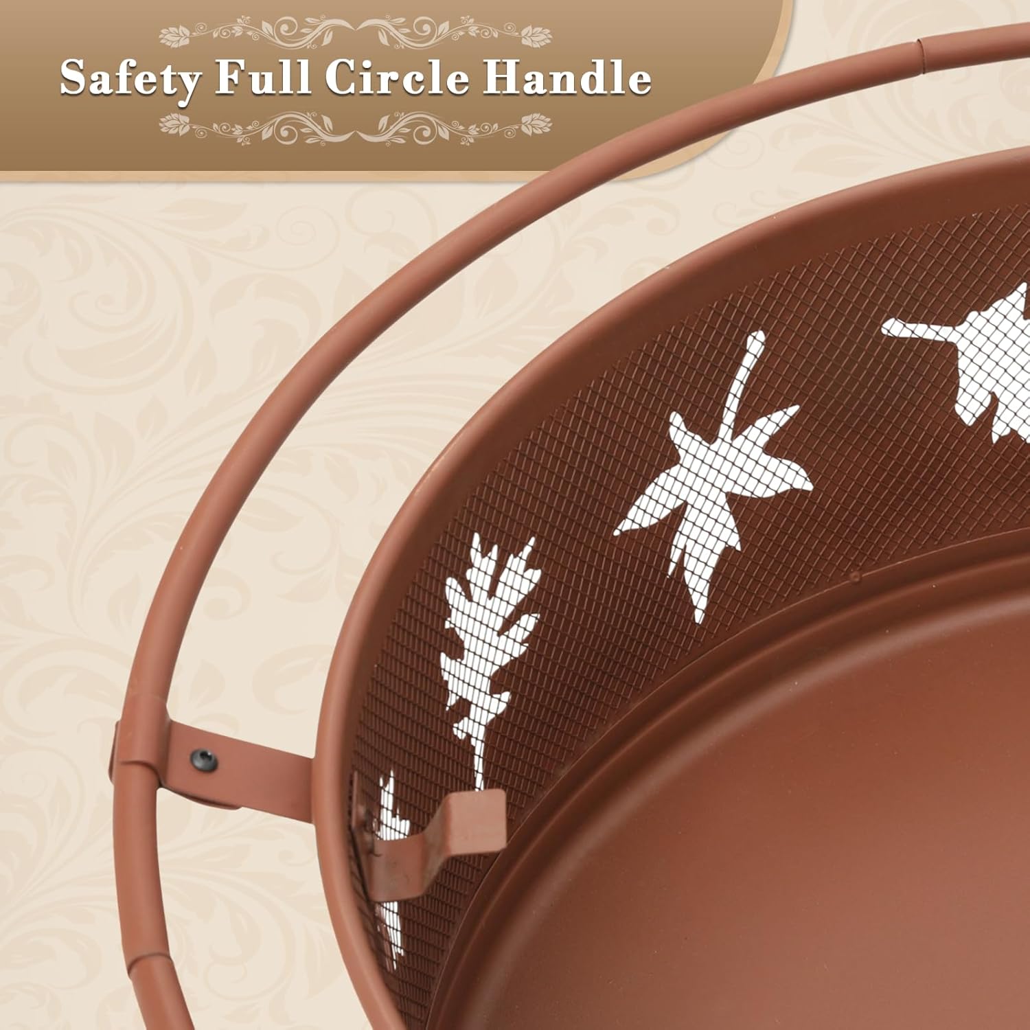 Athena Collection 32 in Fire Pit for Outside Large Wood Burning Firepit Leaf Pattern Iron Firepit Bowl Stove Round Outdoor Fireplace for Camping Heating BBQ Bonfire with Spark Screen Log Grate Poker