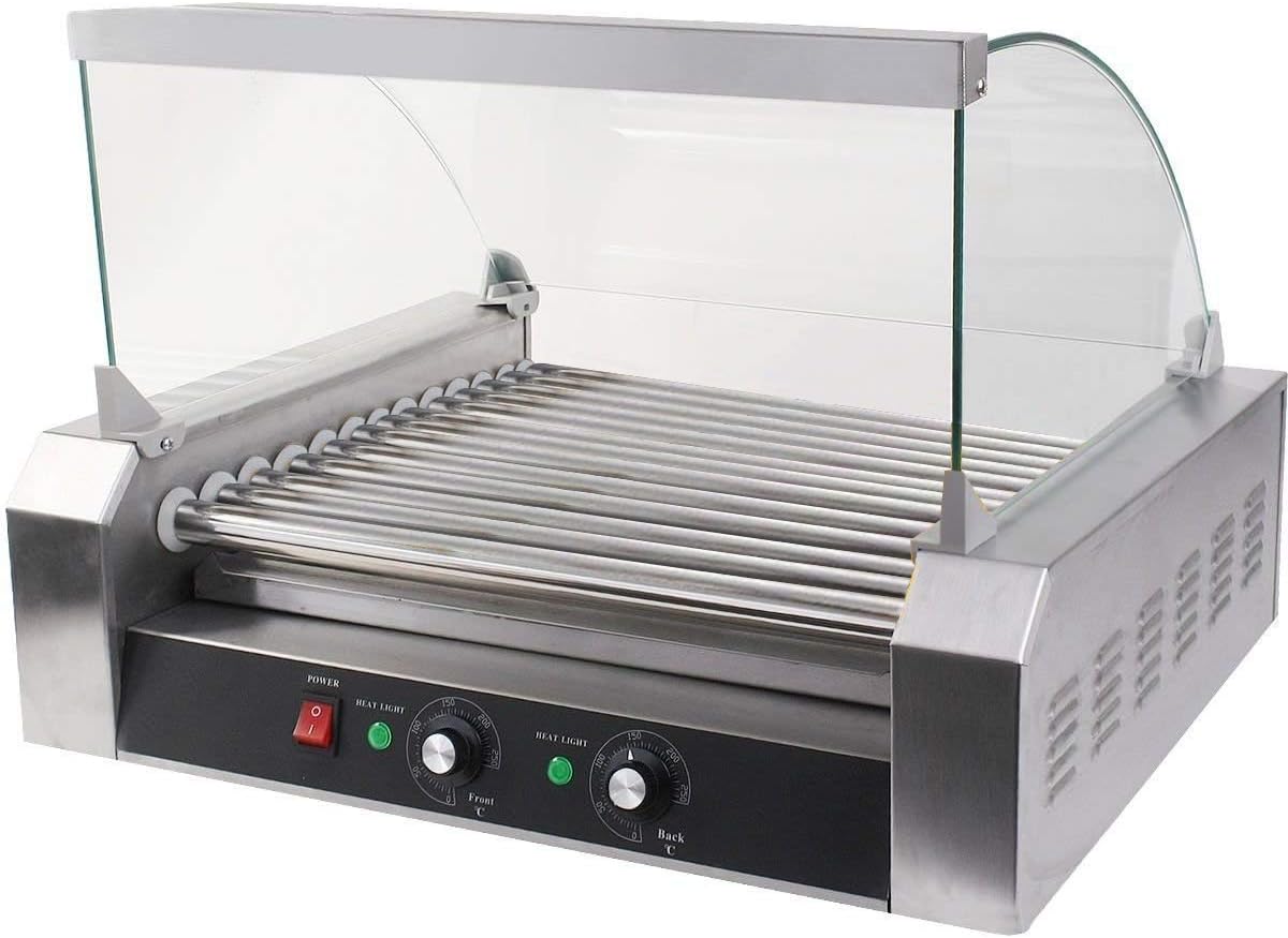 ReunionG Commercial Electric Hotdog Grilling Cooker 11 Rollers for 30 Hotdogs Stainless Steel Hot Dog Warmer Grilling Machine with Cover, Grade 1650W (20''W)