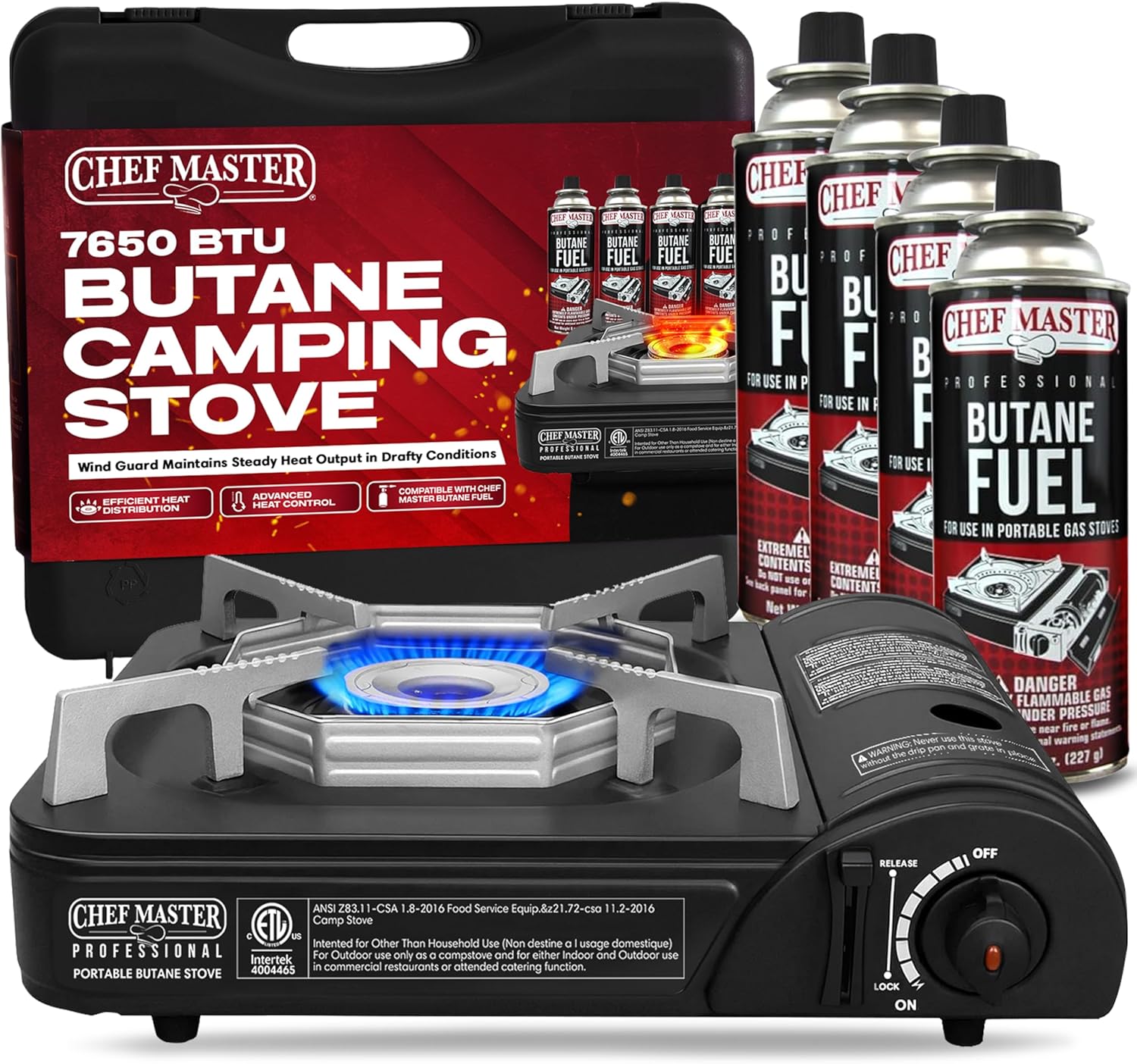 Portable Butane Camping Stove COMBO, Piezo Ignition Wind-Guard 7,650 BTU Portable Stove Burner w/ 4 x 8oz. Butane Fuel Canister for Emergencies, Hiking & Outdoor Camping Essential by Chef Master 90027