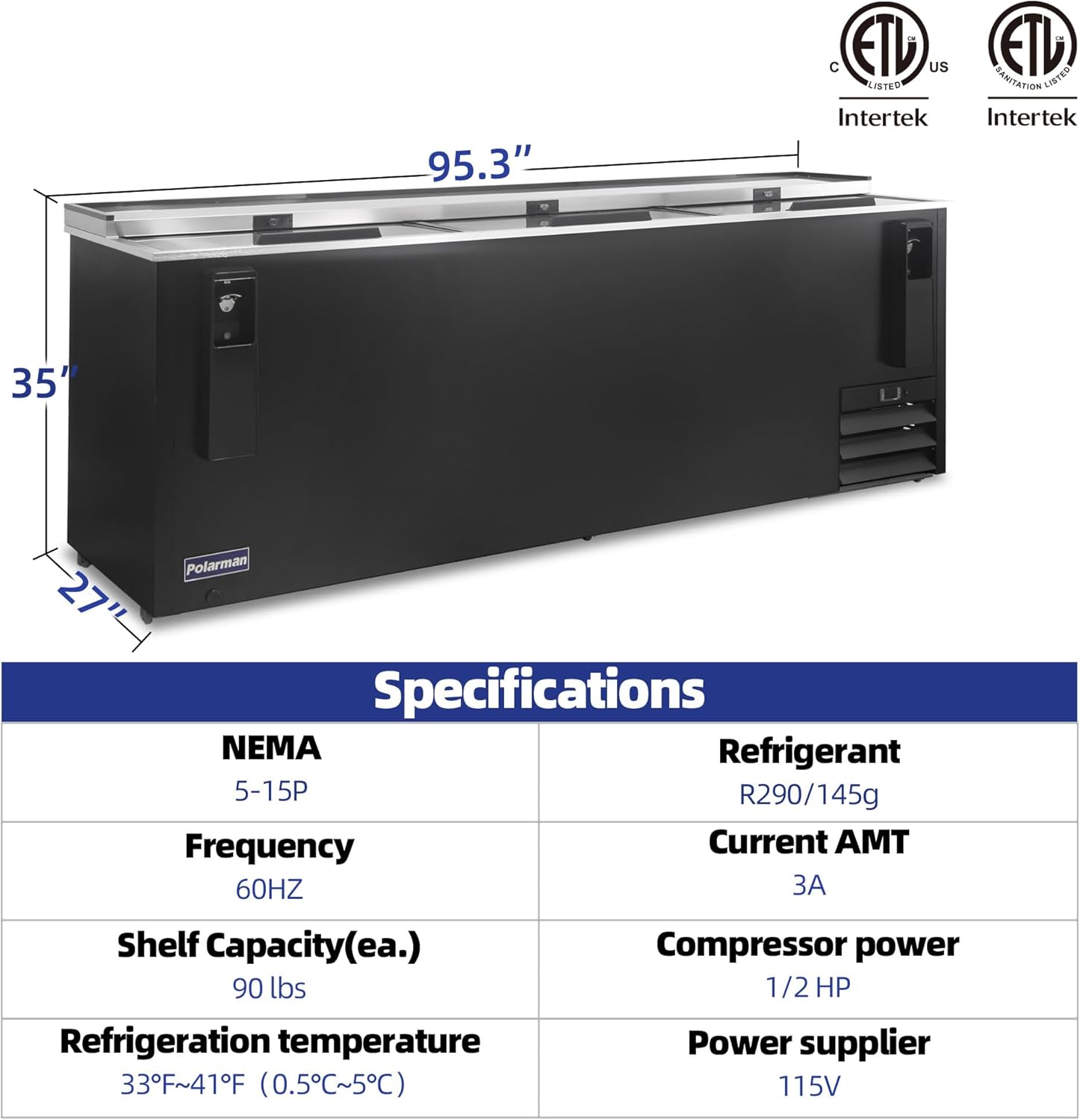 Polarman Top Loading Horizontal Beer Cooler Refrigerator 26 Cu.Ft Deep Well Beverage Fridge, NSF Certified Commercial Bar Cooler with LED Lighting, Lockable Door 95.3