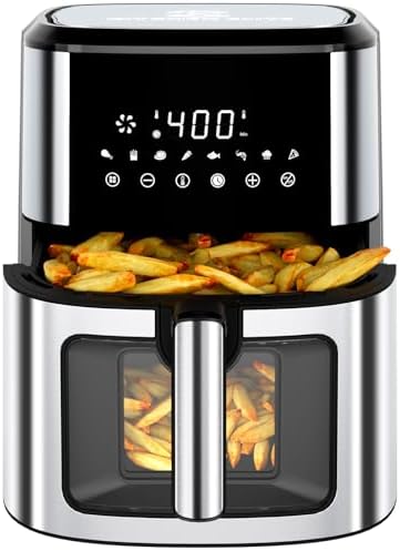 Kitchen Elite Air Fryer Stainless Steel with View Window, XL 8.5QT Large Airfryer, 8-in-1 Digital Control, 400°F Temp Controls, Nonstick Dishwasher-Safe, Space-Saving, Roast, Broil, 1500W