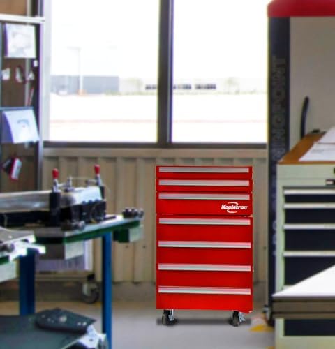 Koolatron Compact Heavy-Duty Rolling Tool Chest with 1.8 Cu Ft Mini Fridge 3 Drawers Adjustable Shelf Swivel Wheels Efficient Compressor Cooling Red Finish Garage Workshop Organizer