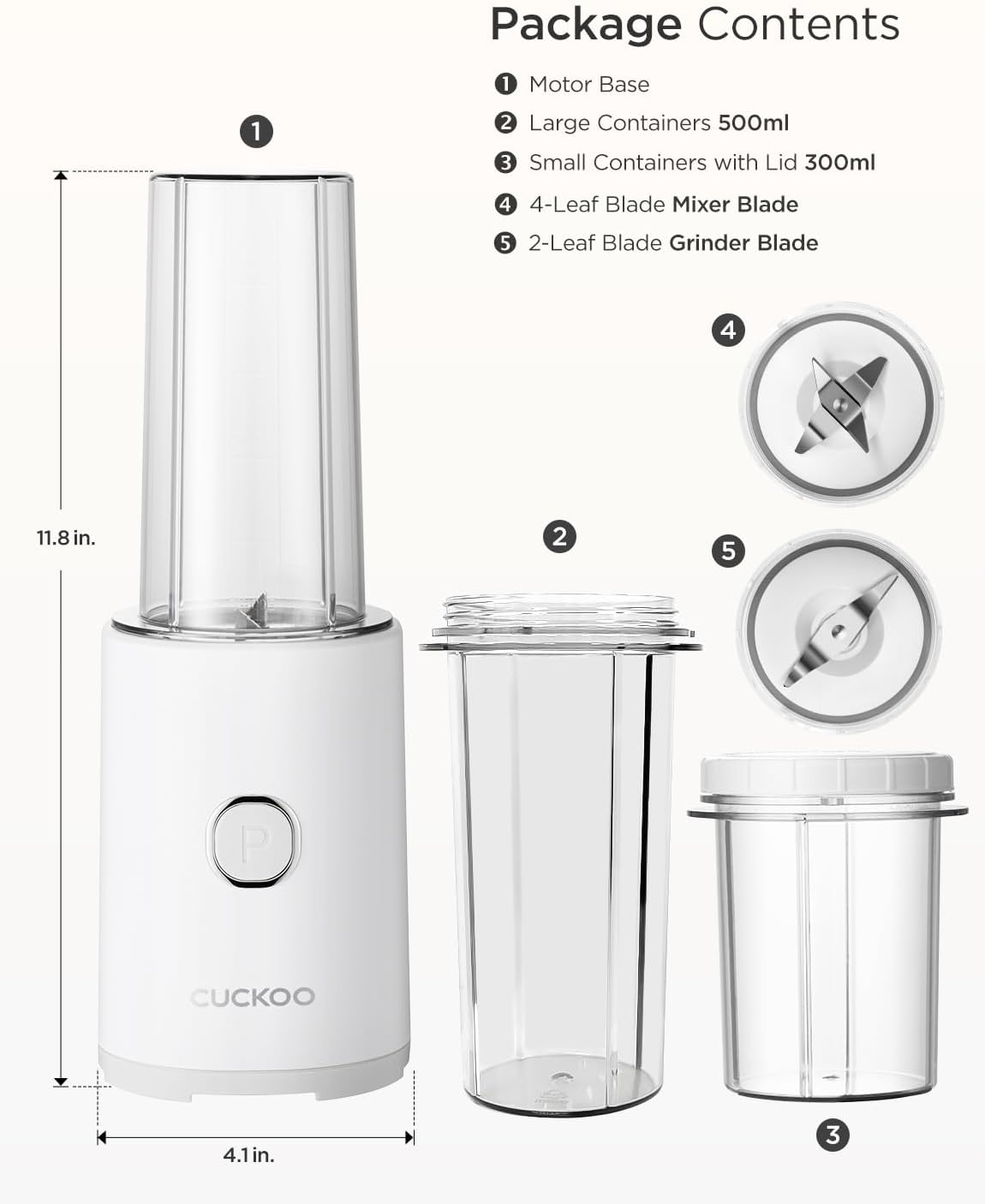 CUCKOO One-Touch Personal Blender and Food Mixer, Portable Smoothie Blender with 2 Containers & 2 Blade Types, Ideal for Protein Shakes Smoothies & More, ETL Certified, White (CFM-D60W)