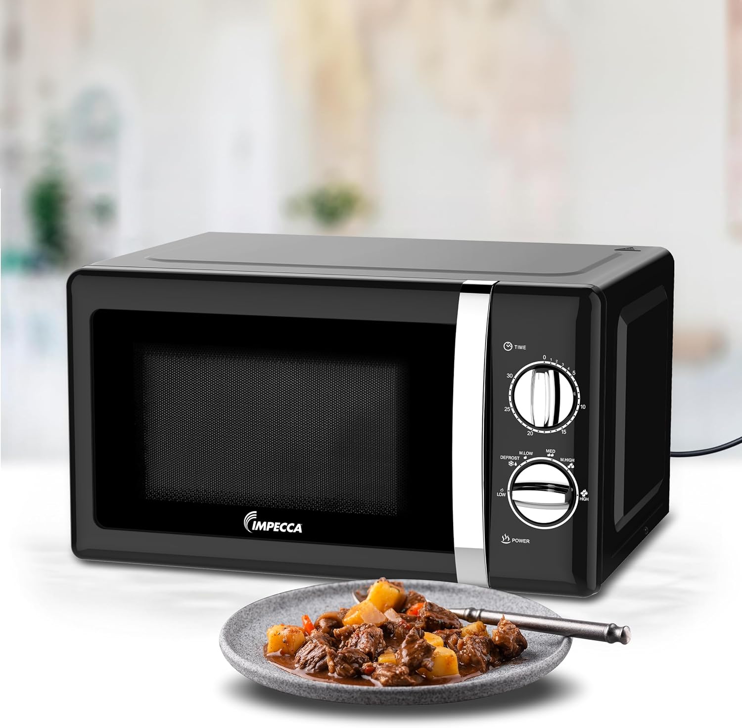 IMPECCA Countertop Microwave Oven Retro Mechanical Dials 5 Modes Timer Defrost 0.7 Cu 700W 9.65” Turntable Easy Clean