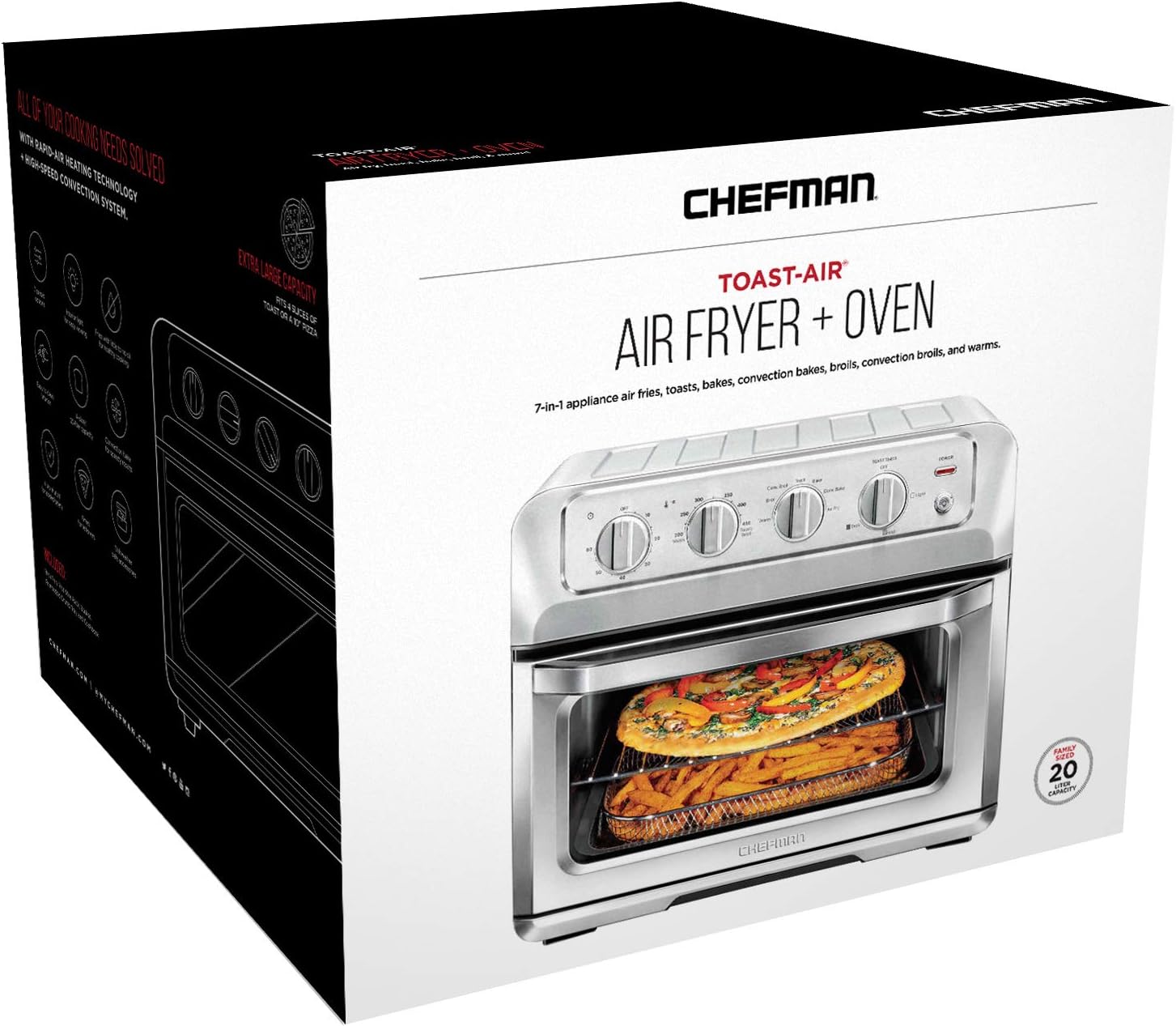 Chefman Air Fryer Toaster Oven Combo, 7-In-1 Convection Countertop 20 Qt fryer, Cook a 10 Inch Pizza, Fry 2 lb. of Chicken Wings, Toast, Broil, Auto Shutoff, Stainless