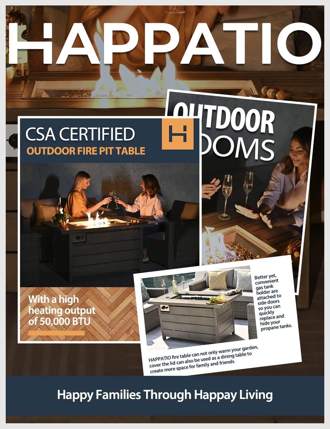 Propane Fire Pit Table, HAPPATIO 48inch 50000 BTU Gas Fire Pit with Aluminum Slats Table Top, Lid, Black Glass Rock, Aluminum Fire Table,CSA Safety Certified for Outside Patio(Gray)