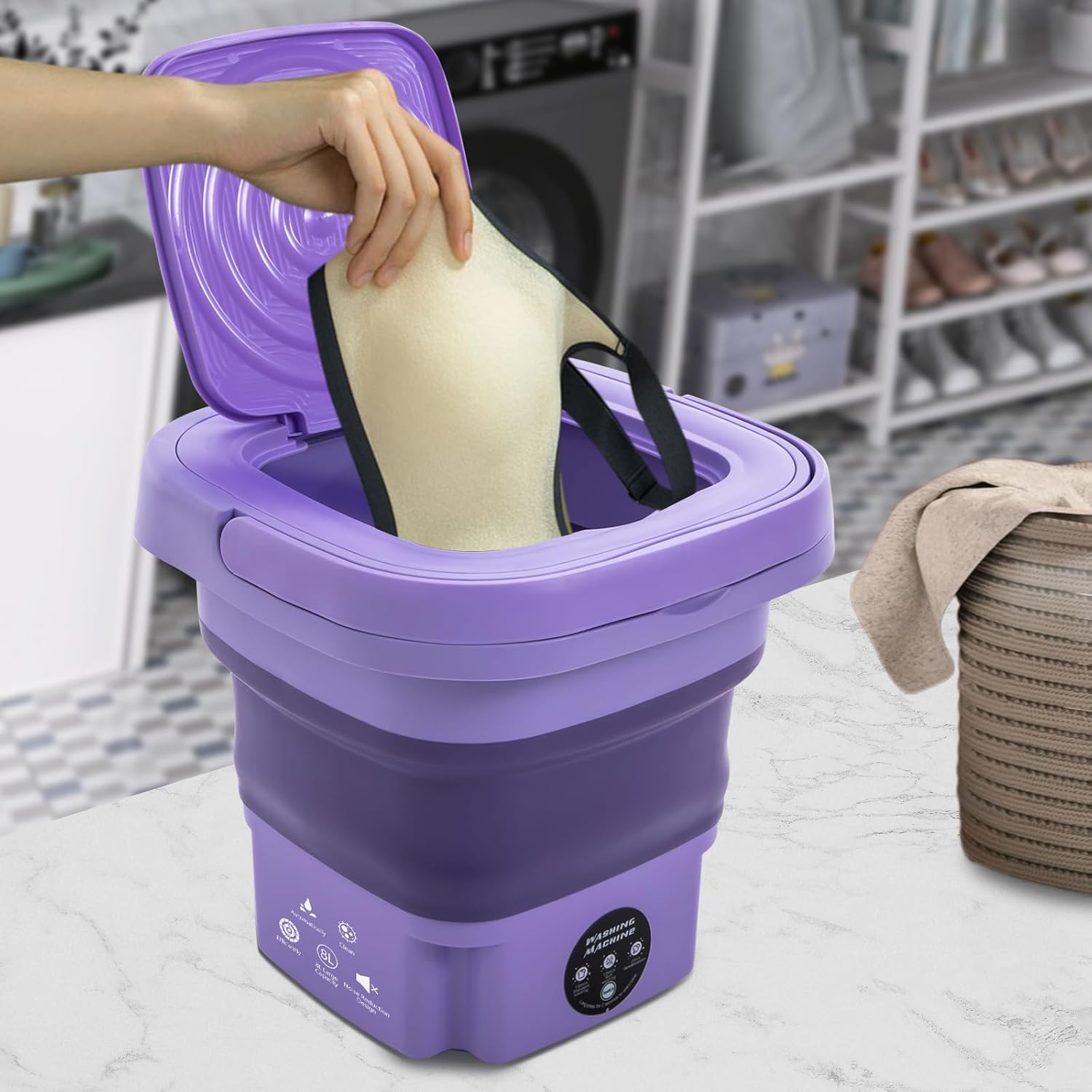 YIYIBYUS Portable Mini Washing Machine, Top Load, Purple, 8L, 110V, 51dB, Foldable, 3 Cycles, 4.85 lbs