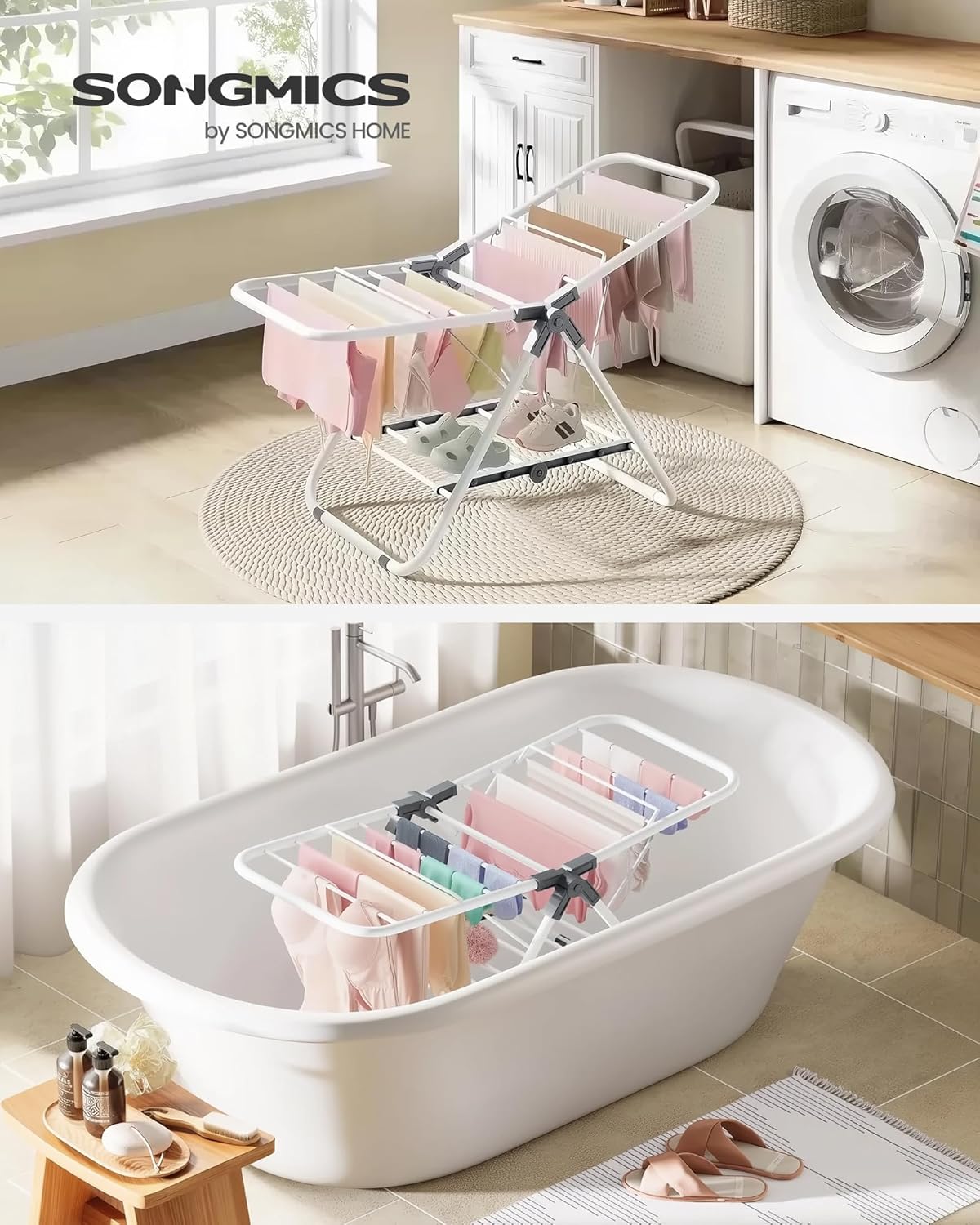 SONGMICS Small Clothes Drying Rack, Foldable 2-Level Laundry Drying Rack, Space-Saving, for Small Clothes, Towels, Bathroom, Balcony, 17.3 x 39.8 x 19.7 Inches, Cloud White ULLR504W01