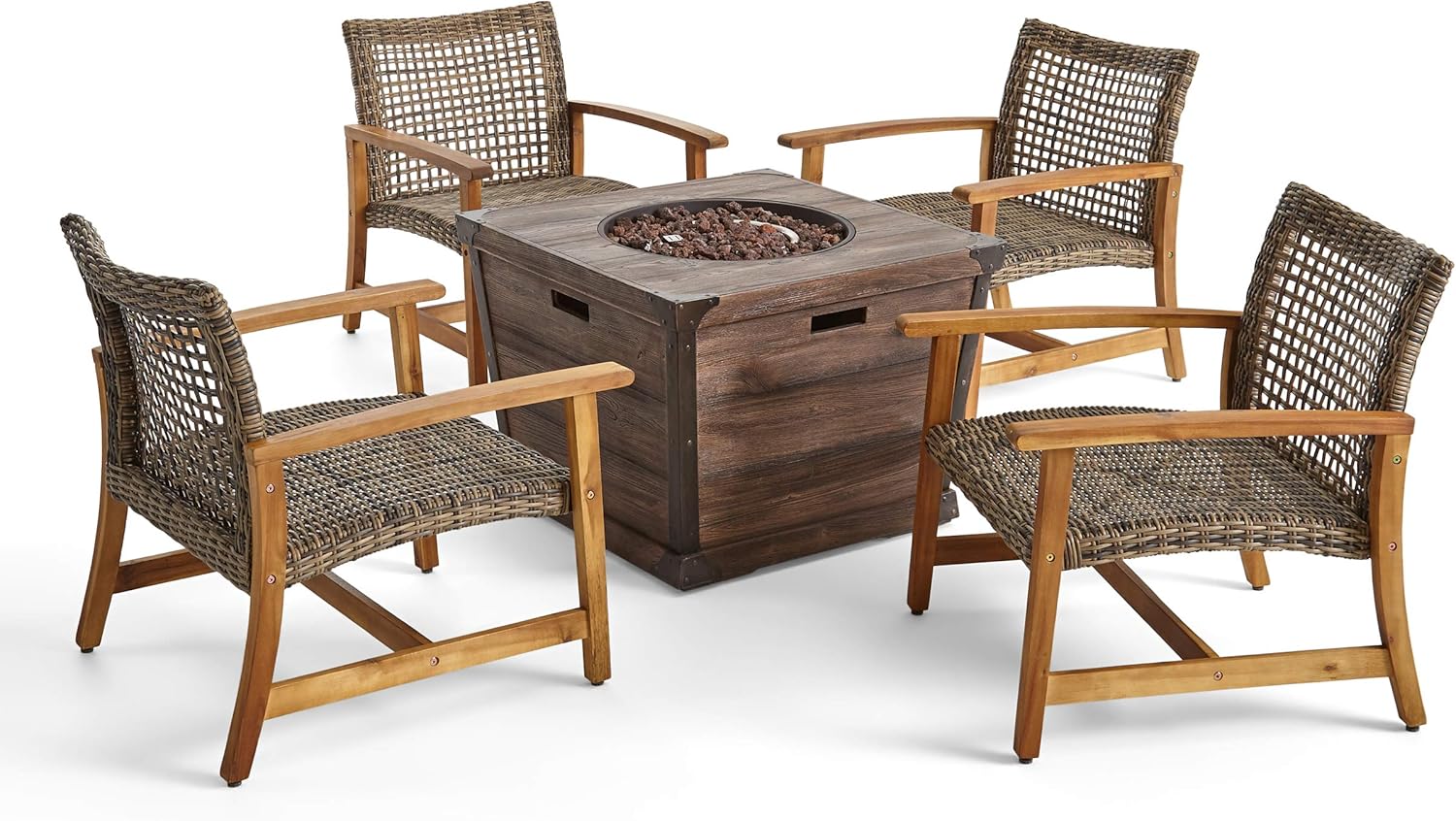 GDFStudio MacArthur Outdoor 4 Piece Wood and Wicker Club Chair Set with Fire Pit, Natural with Gray and Brown