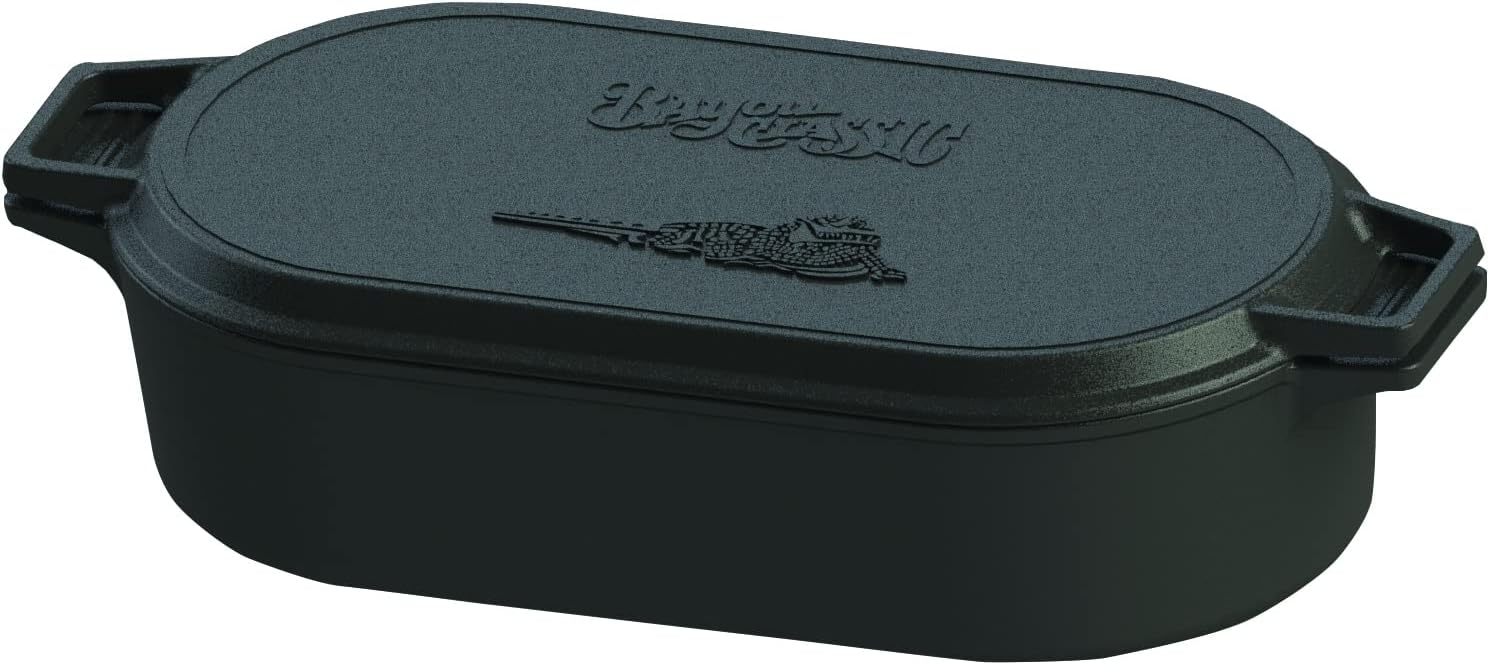 Bayou Classic 7477 6-qt Cast Iron Oval Fryer w/ Griddle Lid Perfect For Large Batch Frying Cooking Whole Chickens Pot Roasts & Reverse Griddle Lid Perfect For Large Batch Breakfast Burgers