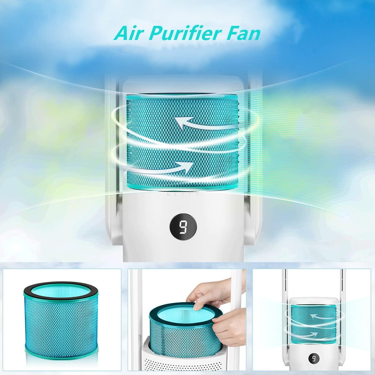 ULTTY Bladeless Tower Fan with Air Purifier, 90° Oscillating Bladeless Fan with Remote, Touch, 8H Timer, Floor Fans for Bedroom Whole Room Home Office R021, White