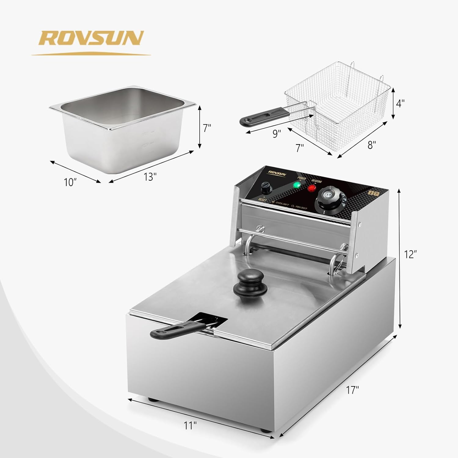 ROVSUN 11.4QT Electric Deep Fryer with Basket & Lid, 1700W Commercial Deep Fryer w/Adjustable Temperature Stainless Steel French Fryer for Home and Commercial Kitchens