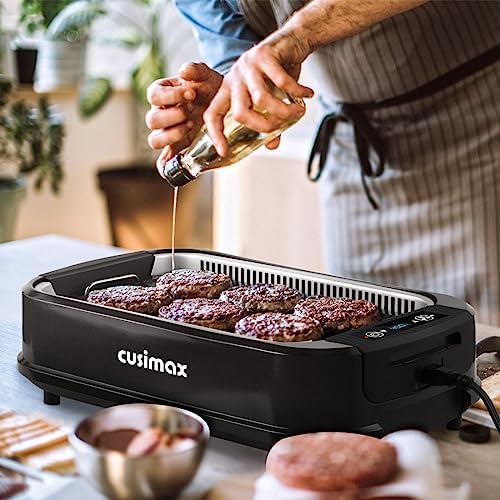 CUSIMAX Indoor Grill, Electric Smokeless Grill, 1500W Korean BBQ Grill, Electric Griddle with LED Smart Display & Tempered Glass Lid, Non-stick Removable Plate & Griddle Plate, Black