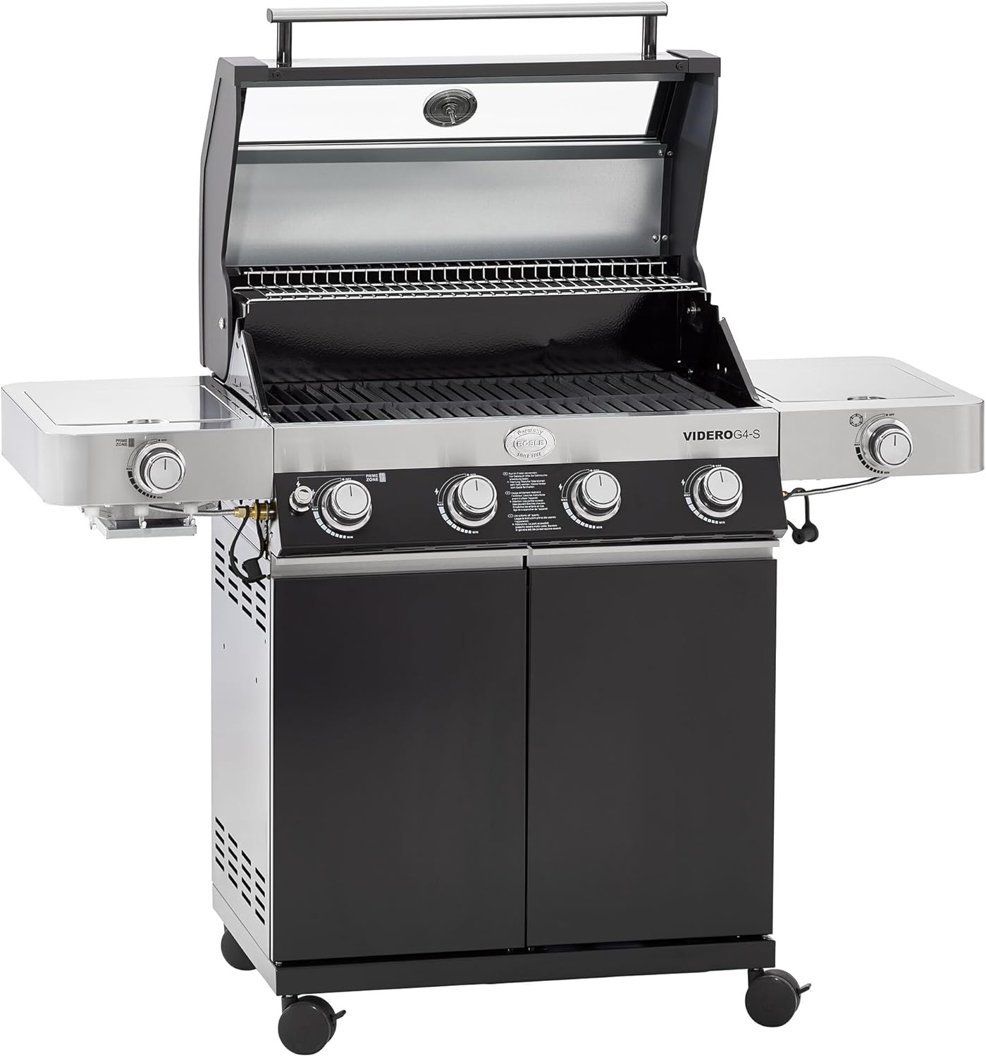 RÖSLE Gas Grill BBQ-Station VIDERO G4-S Black, Grill with 4 Stainless Steel Burners, Extra Primezone and Side Burner, Foldable Side Tables, VARIO+, 54.3x22.8x46.5 Inch