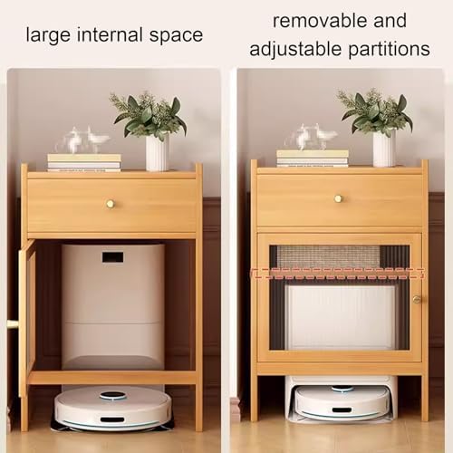 Bamboo Robot Vacuum Stand with Adjustable Shelf & Drawer - Space-Saving Organizer for Home, Eco-Friendly Design, Ideal for Smart Cleaners, Modern Living Spaces