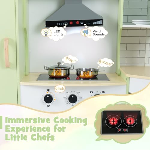 Costzon Corner Kids Kitchen Playset, Wooden Play Kitchen w/Sounds & Lights, Washing Machine, Range Hood, Ice Maker, Microwave, Oven, Sink, Pretend Toy Kitchen Set for Toddler, Gift for Boys Girls