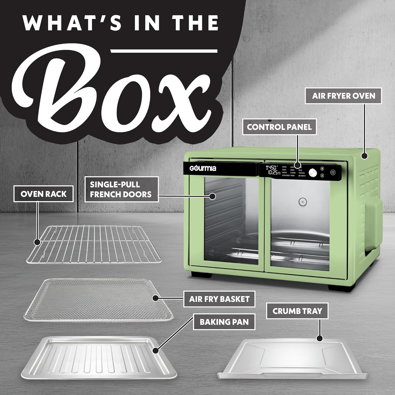 Gourmia French Door Air Fryer Oven - 37 Qt Large Capacity Convection Toaster Oven, FryForce 360°, Digital Display, 12 Cooking Presets, Dehydrate, Fits 13” Pizza, Dishwasher-Safe, Green