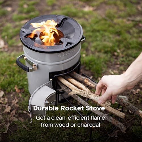 EcoZoom Rocket Stove – Heavy Duty Dual Fuel (Wood & Charcoal) Portable Camping & Emergency Stove, Insulated Body, Refractory Linings, Cast-Iron Cookware Compatible