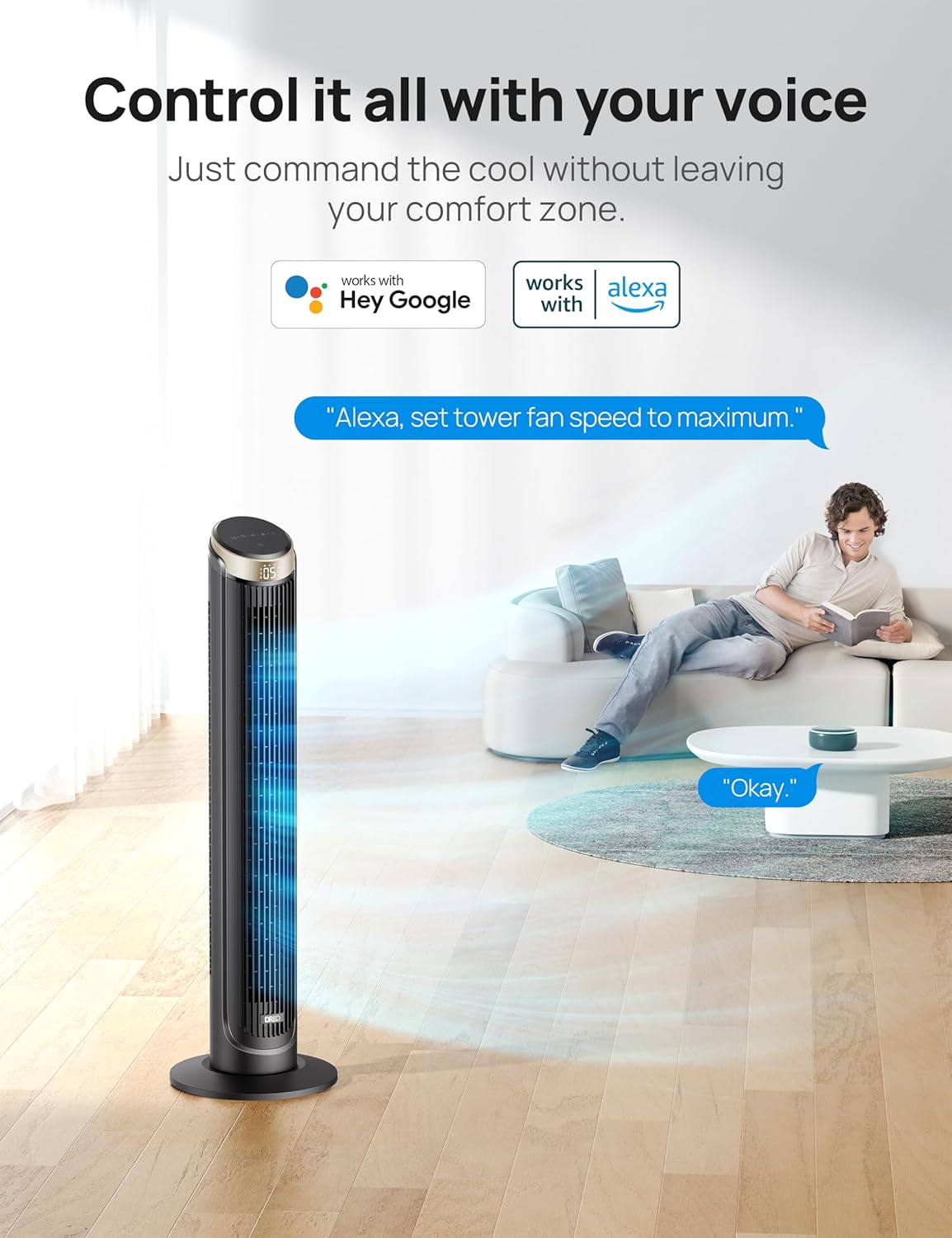 Dreo 40'' WiFi Tower Fan, 26ft/s High-Speed Cooling, Quiet Floor Fan with Remote, 90° Oscillating Fan, 4 Modes, 12H Timer, Touch Control, Standing Cooling Fan for Bedroom, Home, Office Room, Gold