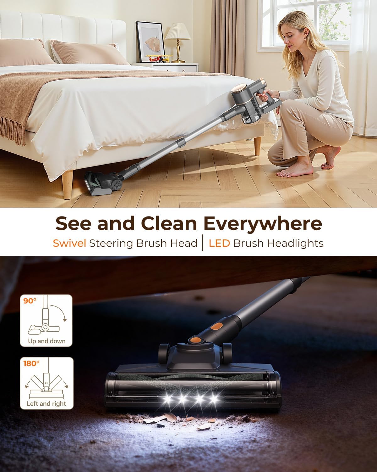 N8 Cordless Vacuum Cleaner,Lightweight Stick Vacuum with Powerful Suction,2200mAh Battery,40 Mins Runtime,Self-Standing,Rechargeable Vacuum Cleaners for Home Hardwood Floor Carpet Pet Hair (Gold)