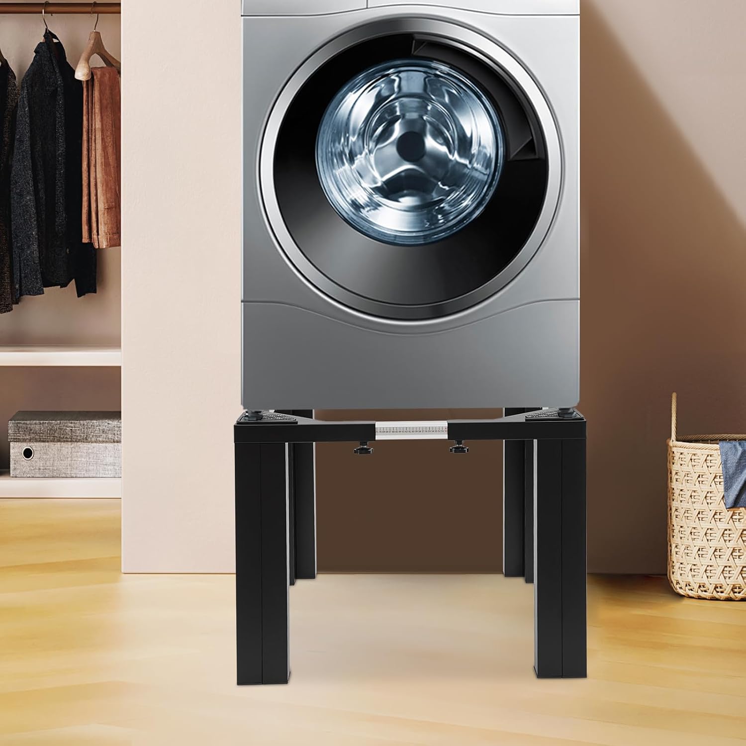 Stainless Steel Washing Machine Stand, Length and Width Adjustable Laundry Pedestal, 1200Lbs Capacity Washer and Dryer Pedestal for Bathrooms, Laundry Rooms (Black, 16'' H)