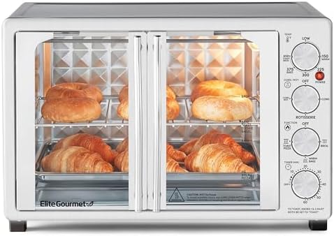 Elite Gourmet ETO4524 45L Countertop Convection Toaster Oven, French Doors, Adjustable Temperature & Timer, Bake, Roast, Broil, Toast, Includes Baking Pan, Rack, Rotisserie, Stainless Steel