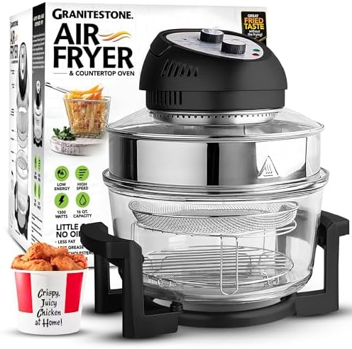 Big Boss 16Qt Extra Large Glass Air Fryer Non Toxic – Family Sized 4 in 1 Cooker with 3 Cooking Sections, Stainless Steel Racks for French Fries, Chicken, No Preheat, Self Cleaning, Dishwasher Safe