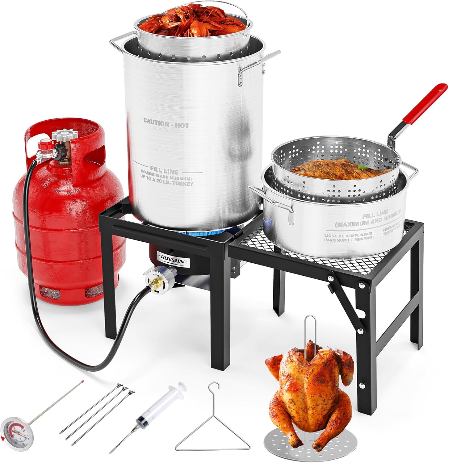 ROVSUN 30QT Turkey Fryer & 10QT Fish Fryer Kit with 54000BTU Propane Stove & Foldable Side Table, Aluminum Deep Fryer Pot for Outdoor Cooking Seafood Boiling w/Lifting Hook, Turkey Rack & Thermometer