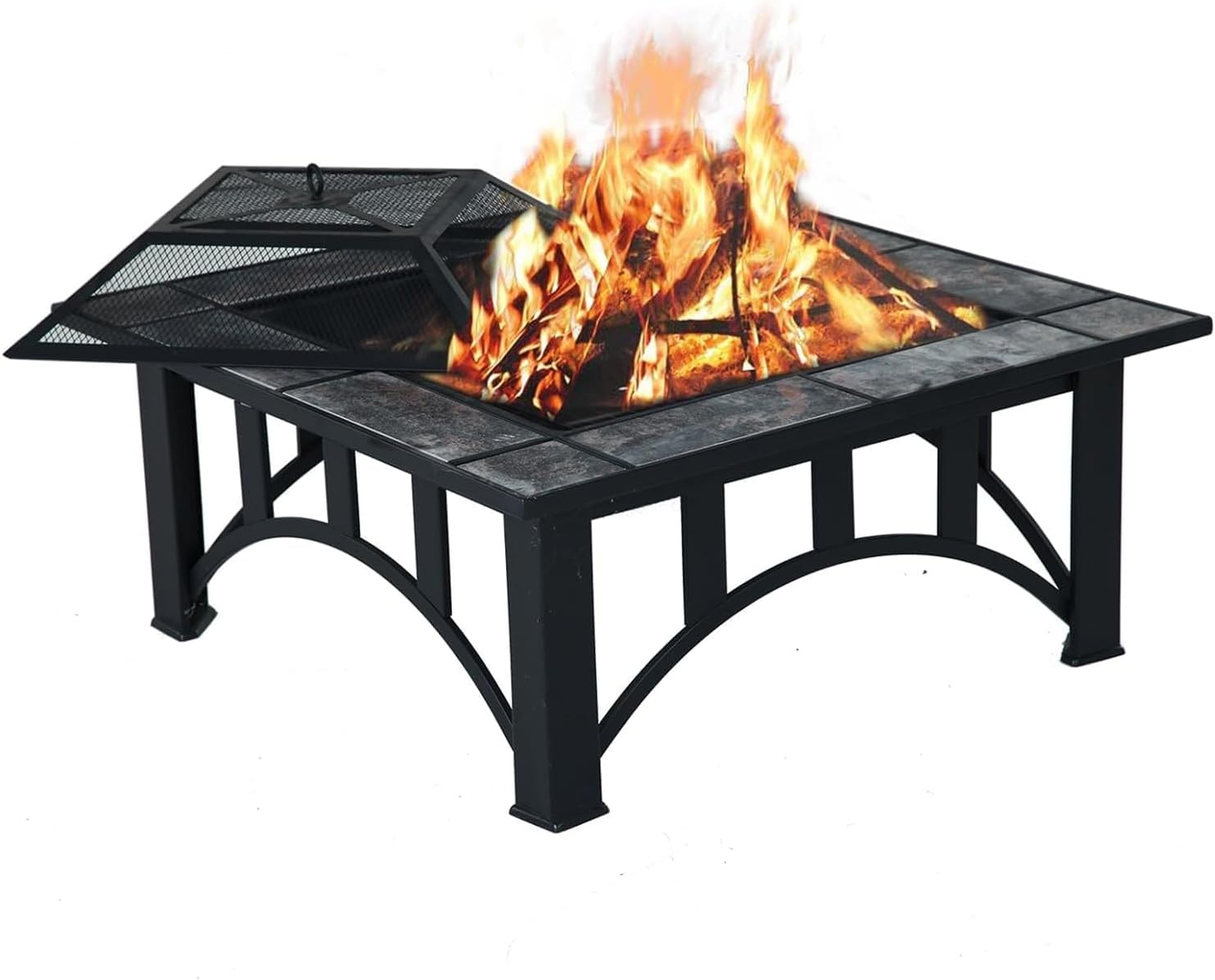 GRAND PATIO Fire Pits for Outside 35'' Wood Burning Square Marble Tile Tabletop Fire Tables for Patio Bonfire,Camping,Outdoor Heating, with Spark Screen and Poker